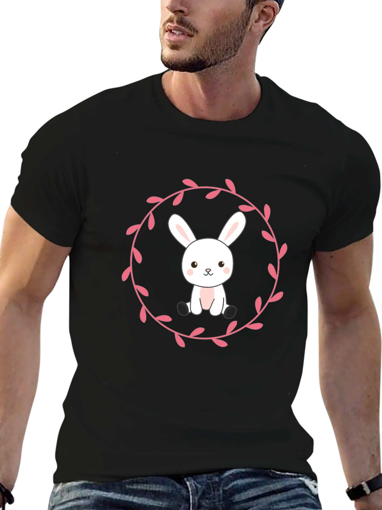 Camiseta Negra con Diseño de Conejito Floral