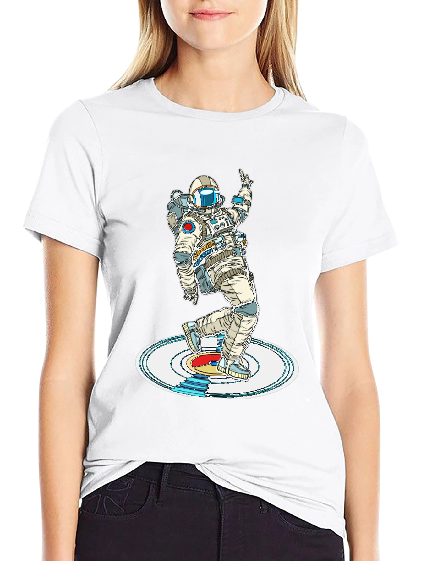 Camiseta Negra Astronauta Bailando en Vinilo