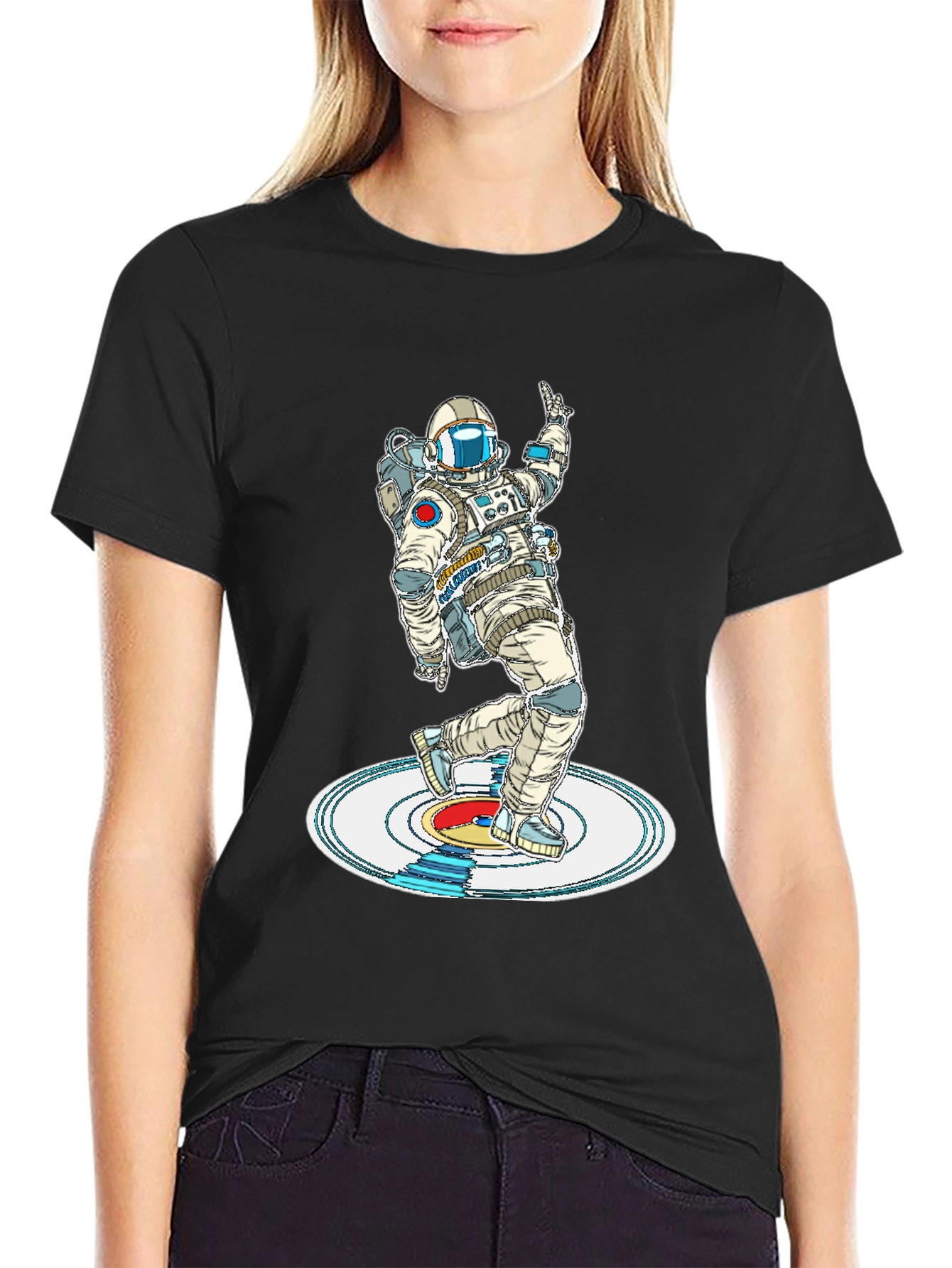 Camiseta Negra Astronauta Bailando en Vinilo