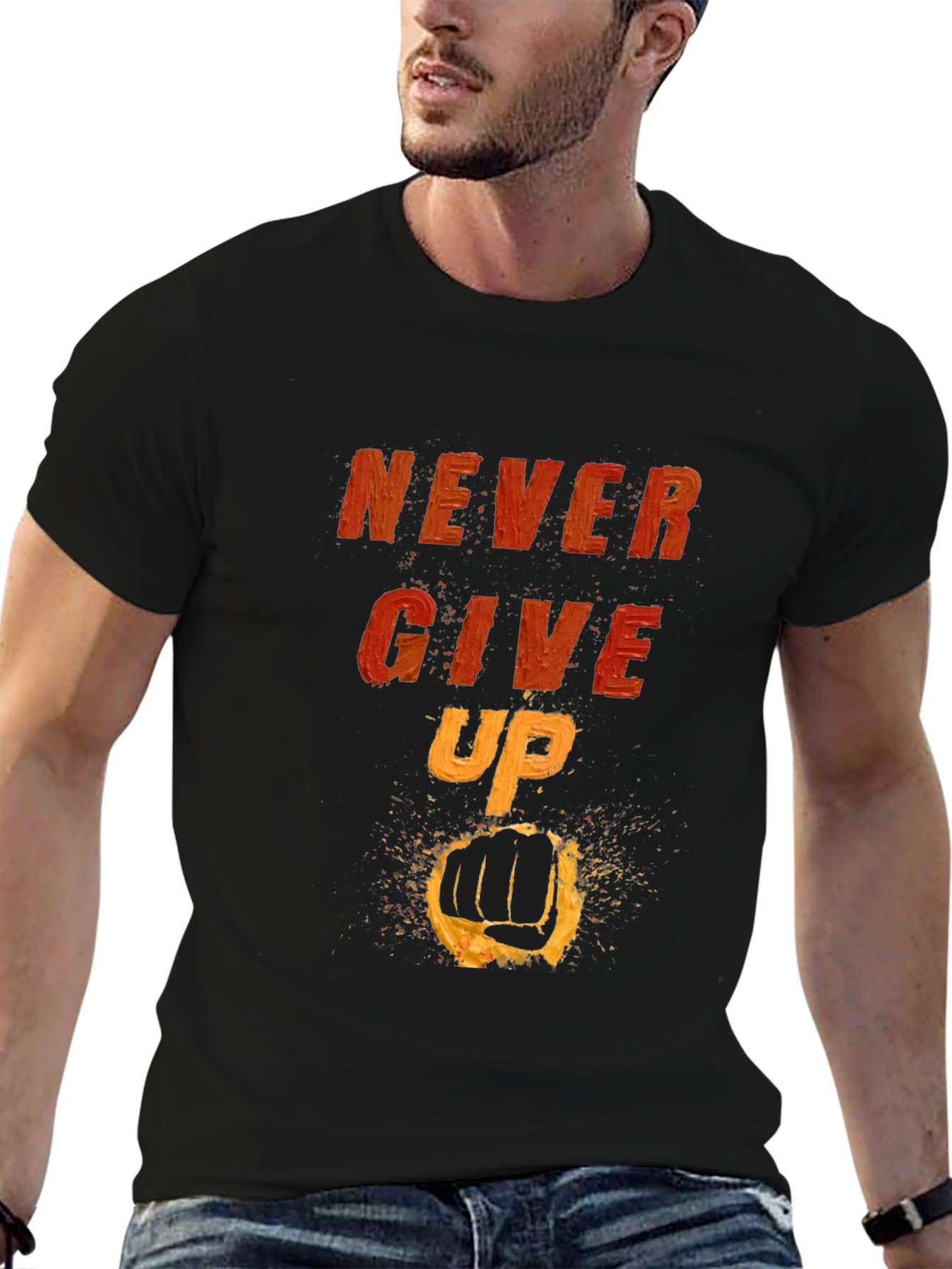 Camiseta Negra Motivacional: Never Give Up