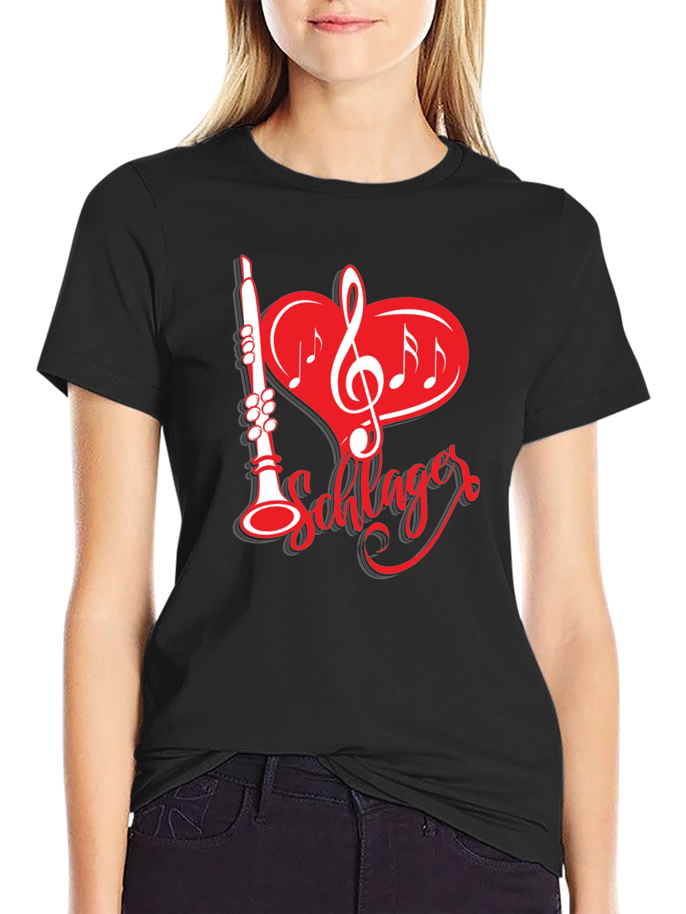 Camiseta Negra Música Schlager Corazón Clarinete