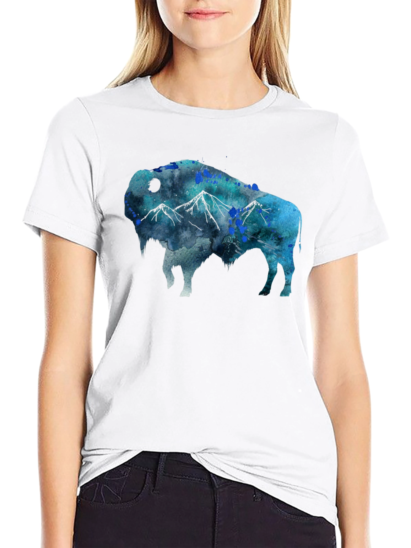 Camiseta Negra con Diseño de Bisonte Montañoso