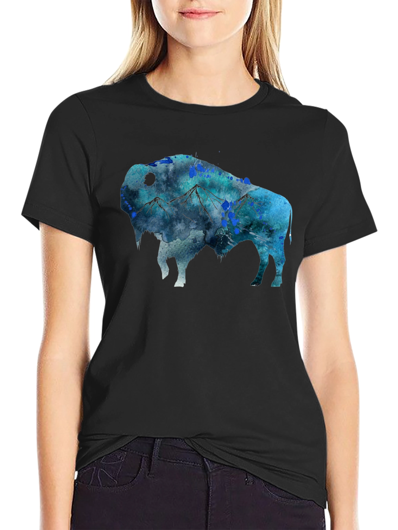 Camiseta Negra con Diseño de Bisonte Montañoso