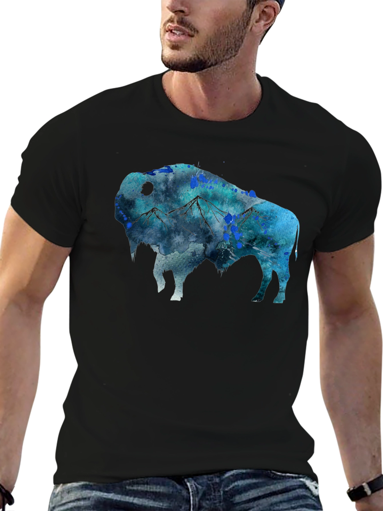 Camiseta Negra con Diseño de Bisonte Montañoso