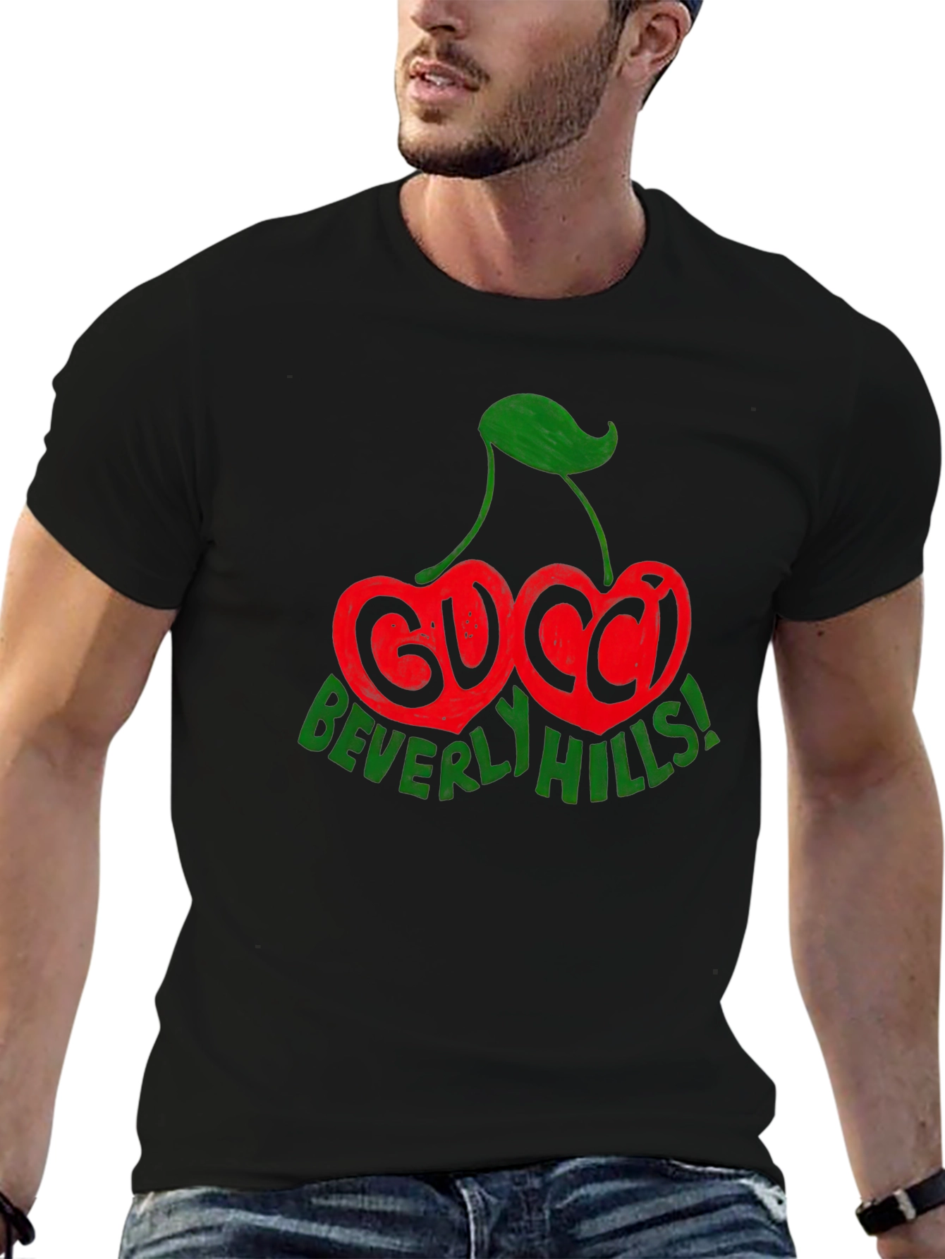 Camiseta Negra con Diseño de Cerezas Gucci Beverly Hills