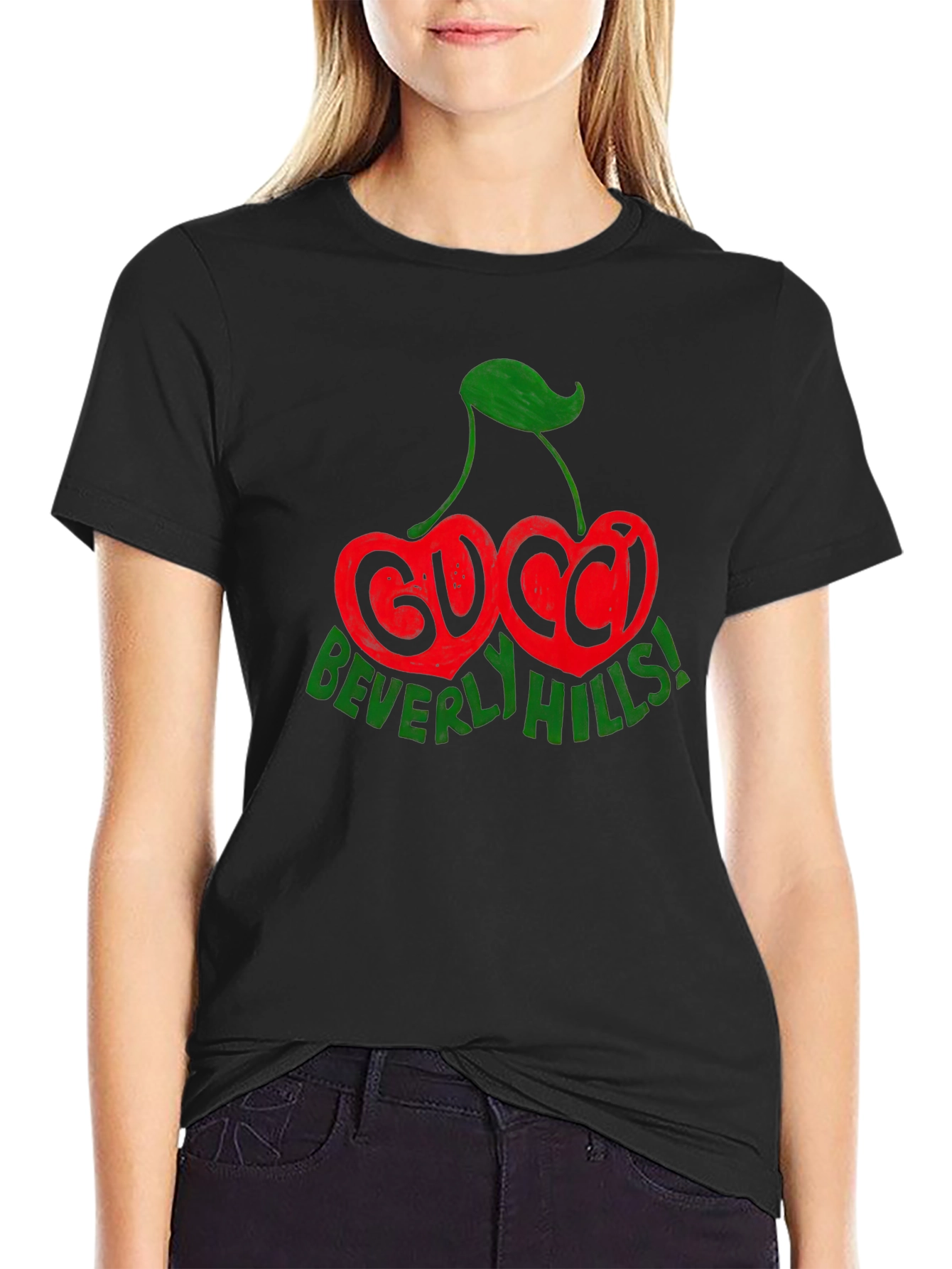 Camiseta Negra con Diseño de Cerezas Gucci Beverly Hills