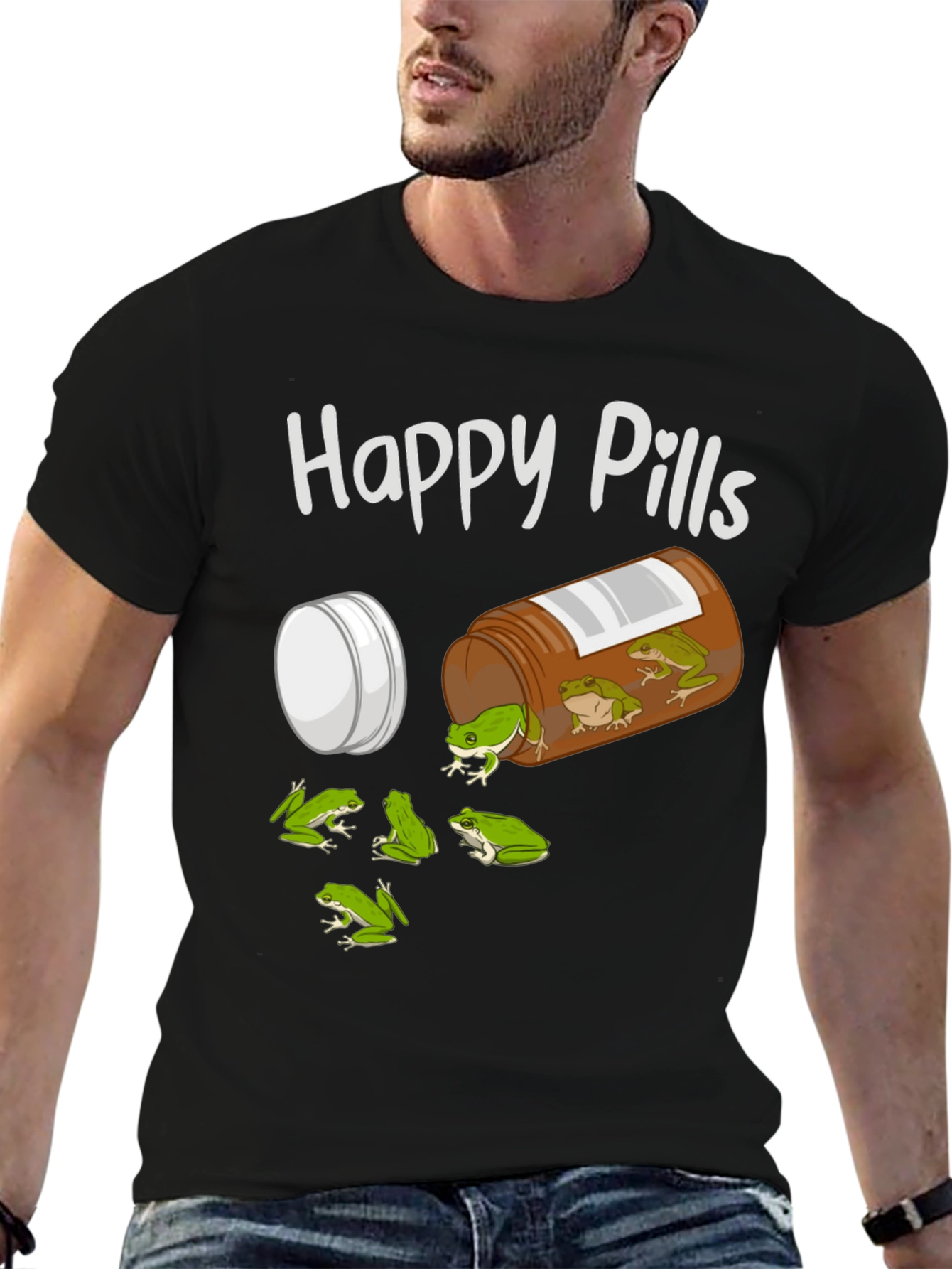 Camiseta Negra Happy Pills con Diseño de Ranas