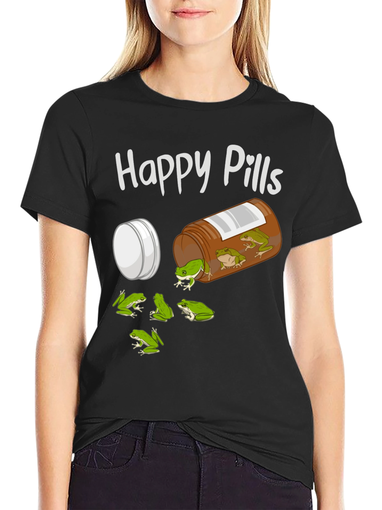 Camiseta Negra Happy Pills con Diseño de Ranas