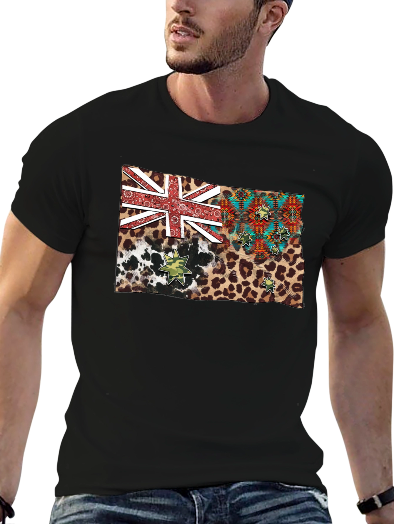 Camiseta Negra con Diseño de Bandera Animal Print