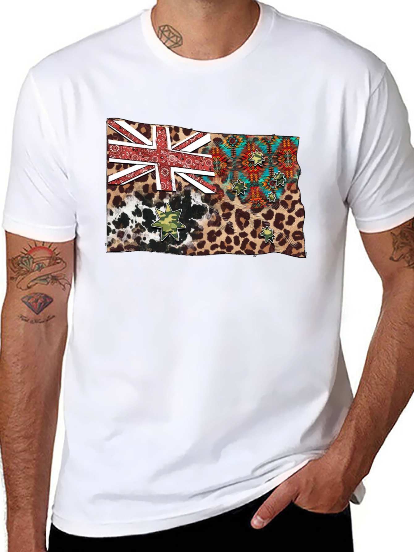Camiseta Negra con Diseño de Bandera Animal Print