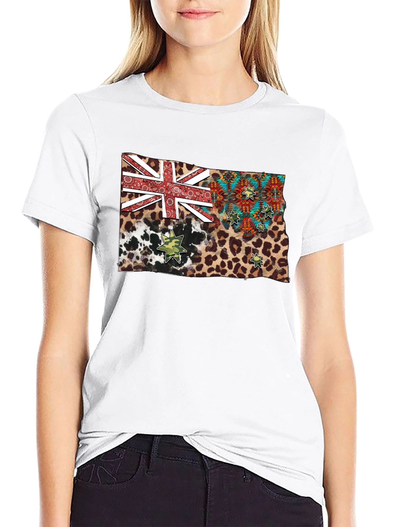 Camiseta Negra con Diseño de Bandera Animal Print