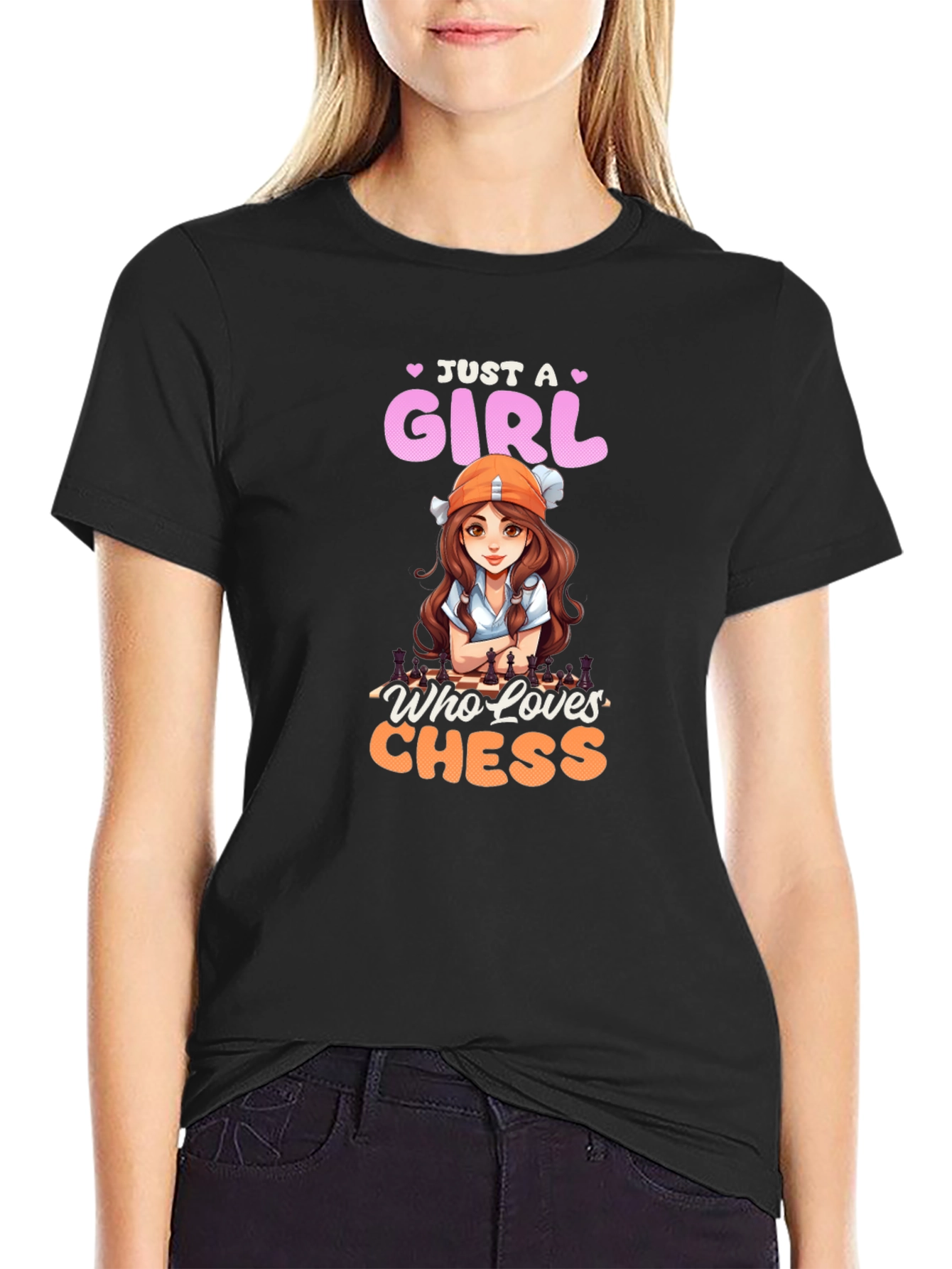 Camiseta Negra con Diseño de Ajedrez para Mujer