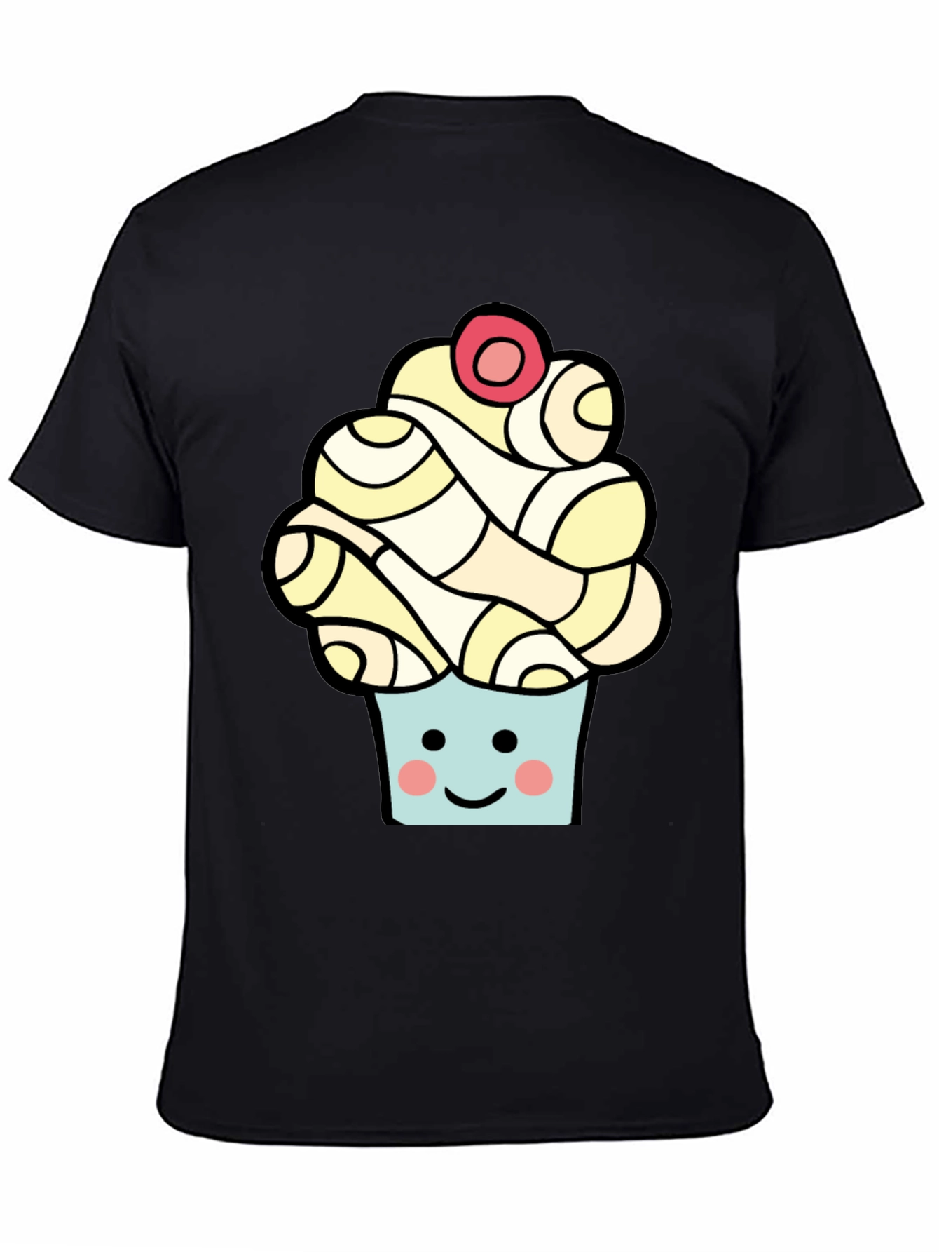 Camiseta Negra con Diseño de Cupcake Sonriente