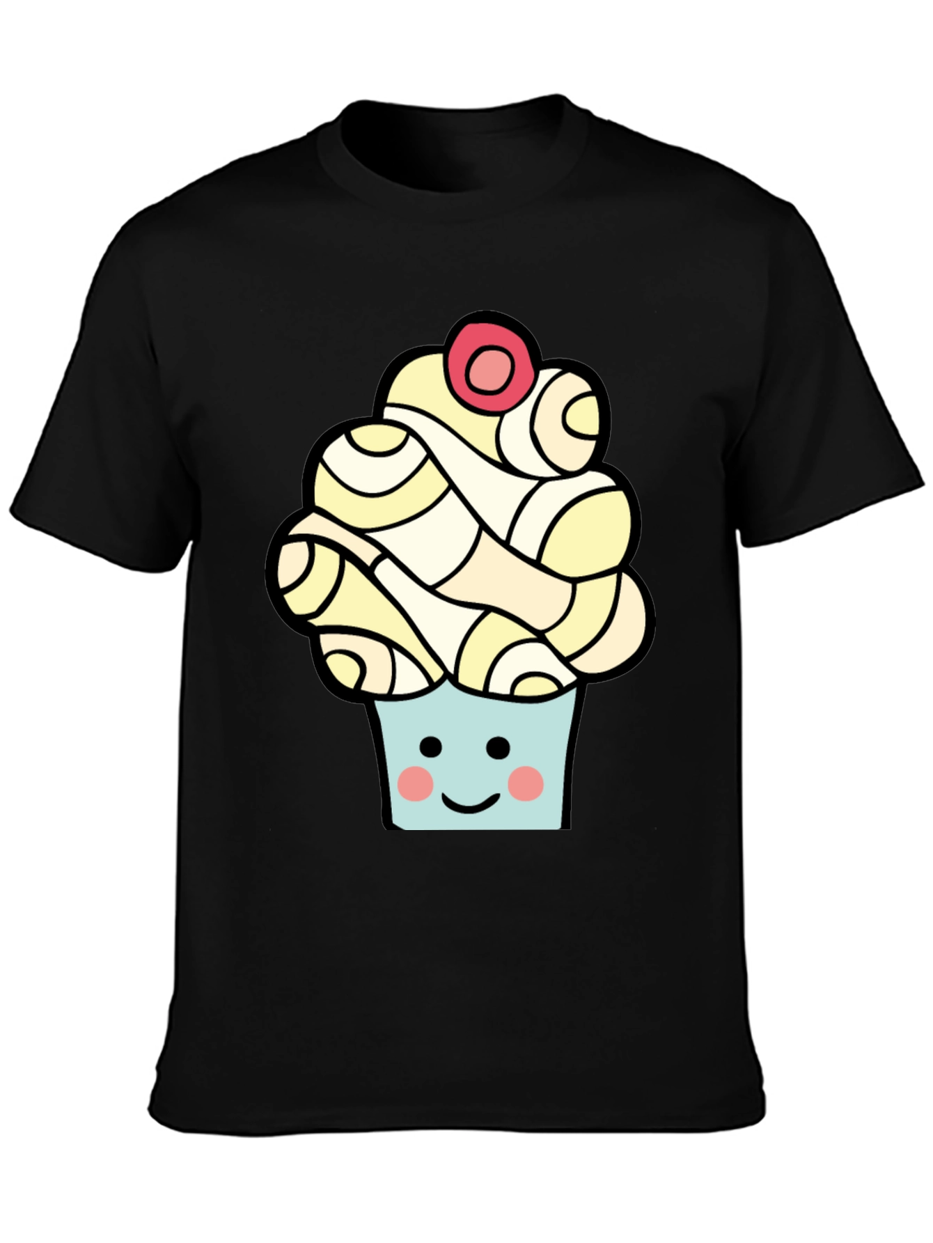 Camiseta Negra con Diseño de Cupcake Sonriente