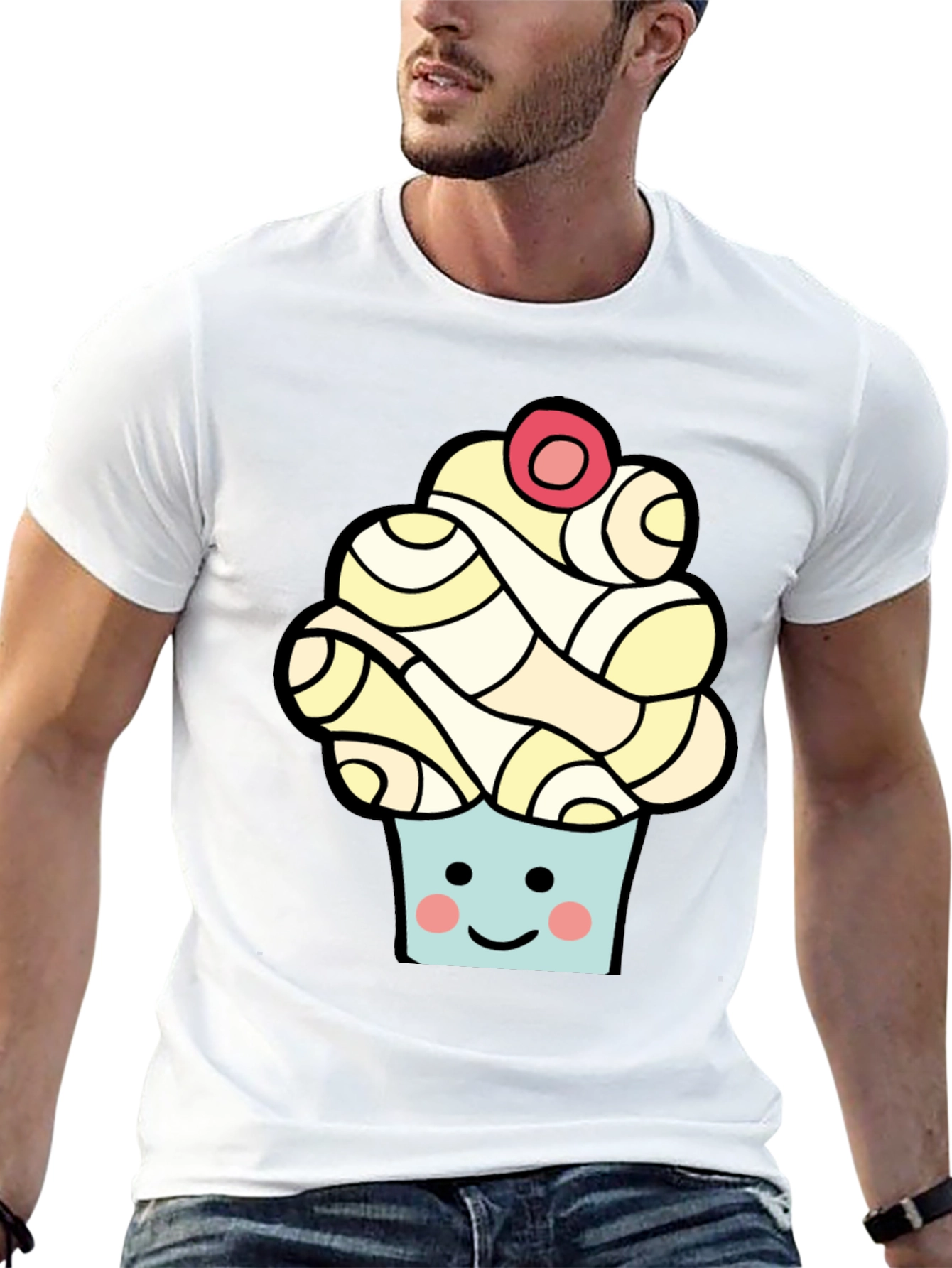 Camiseta Negra con Diseño de Cupcake Sonriente