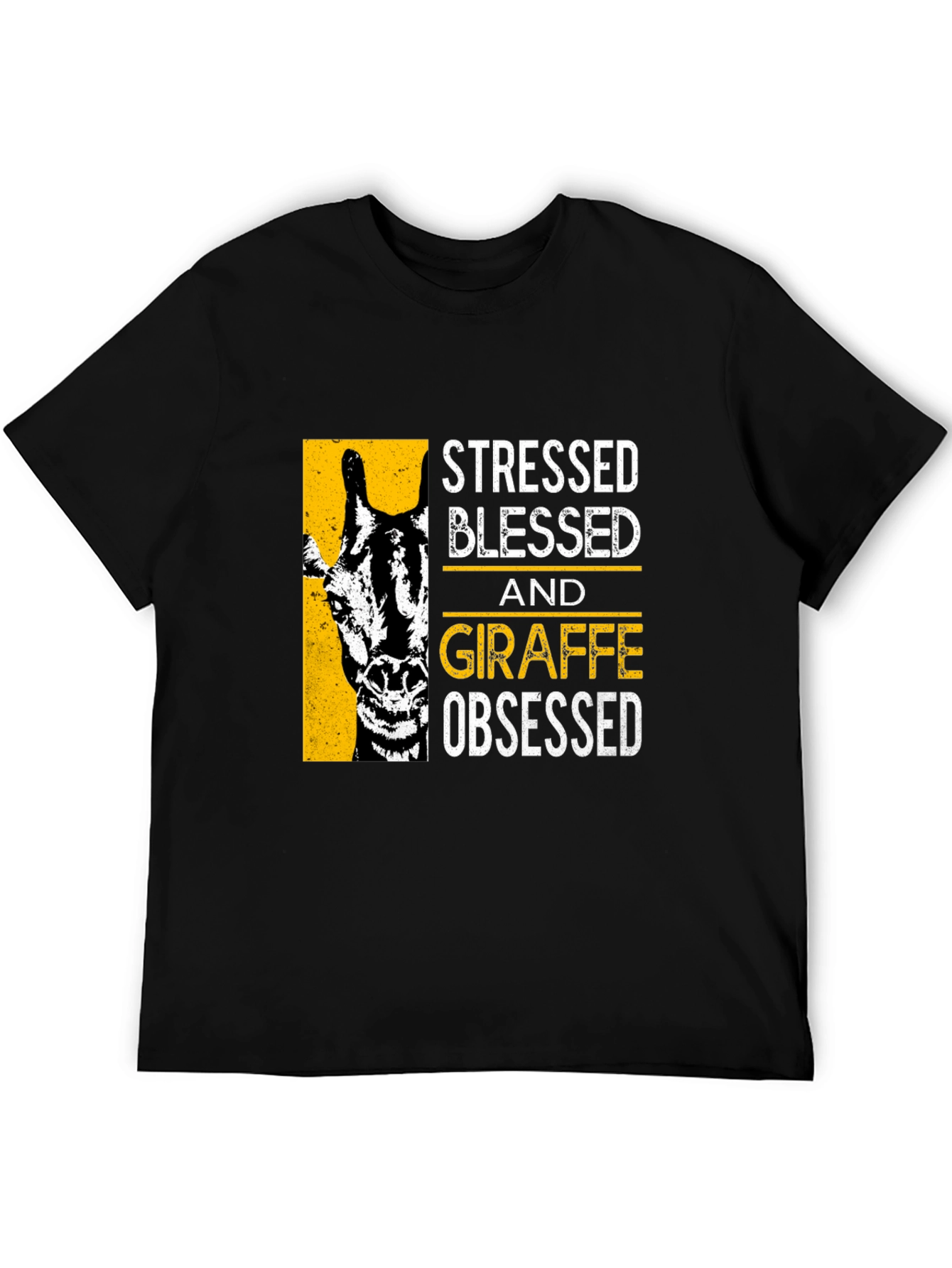 Camiseta Negra: Stressed Blessed Giraffe Obsessed