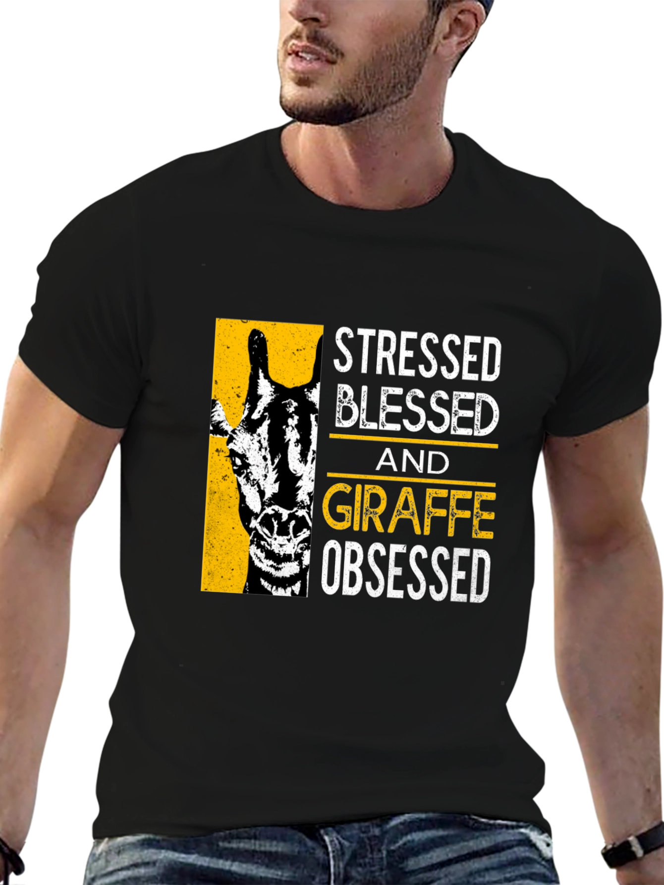 Camiseta Negra: Stressed Blessed Giraffe Obsessed