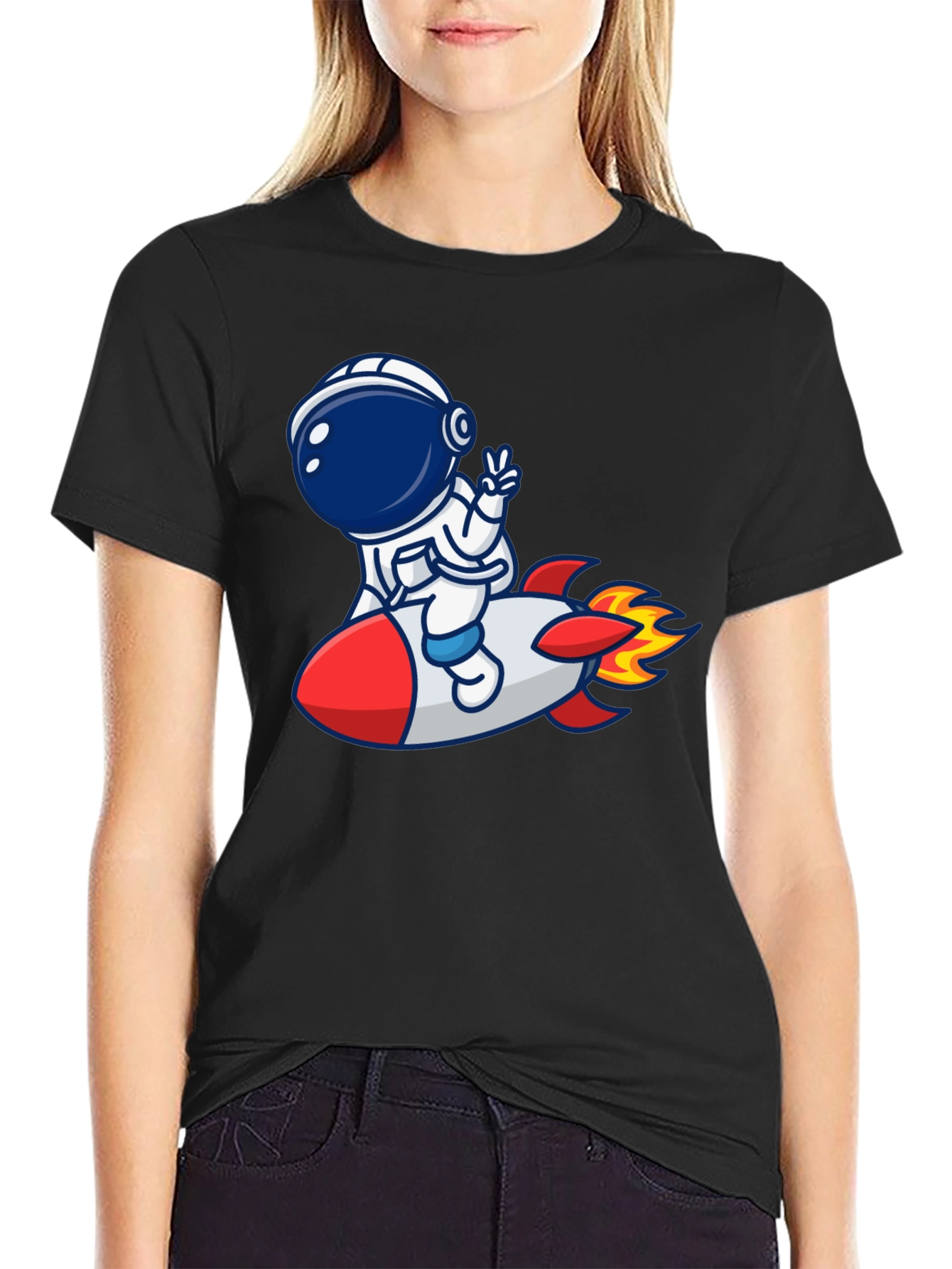 Camiseta Negra con Diseño Astronauta en Cohete