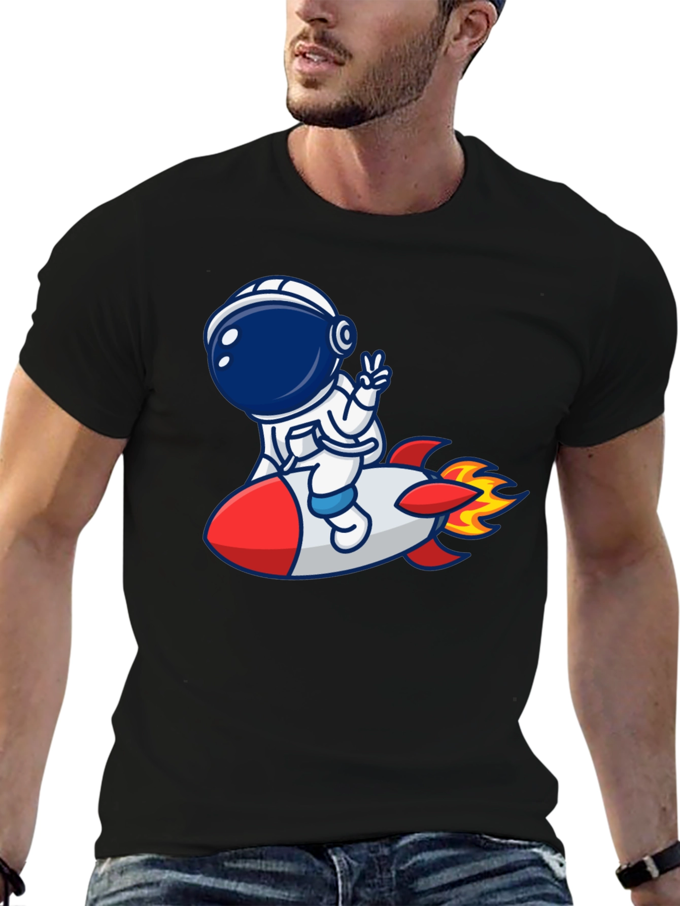 Camiseta Negra con Diseño Astronauta en Cohete