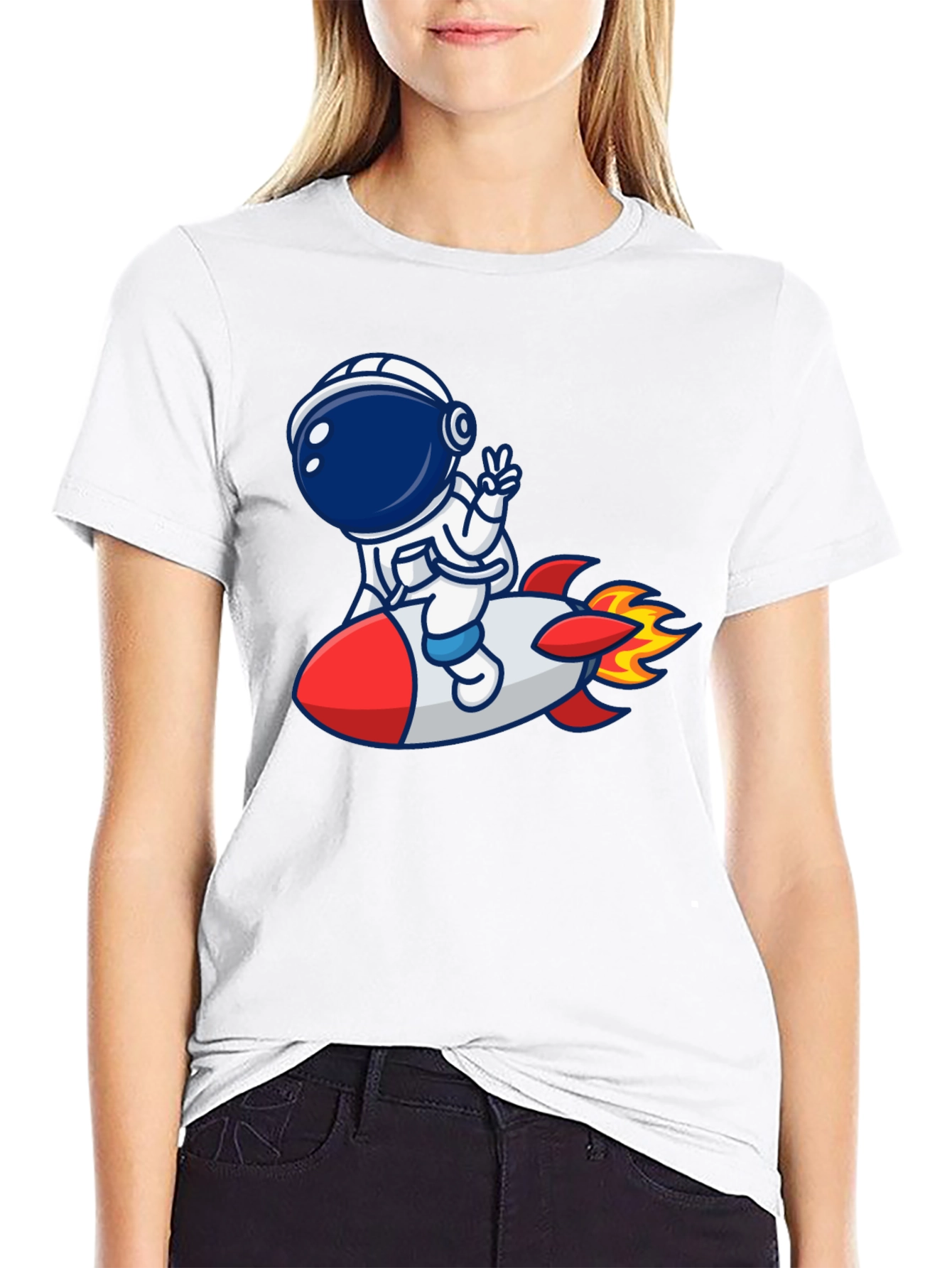 Camiseta Negra con Diseño Astronauta en Cohete