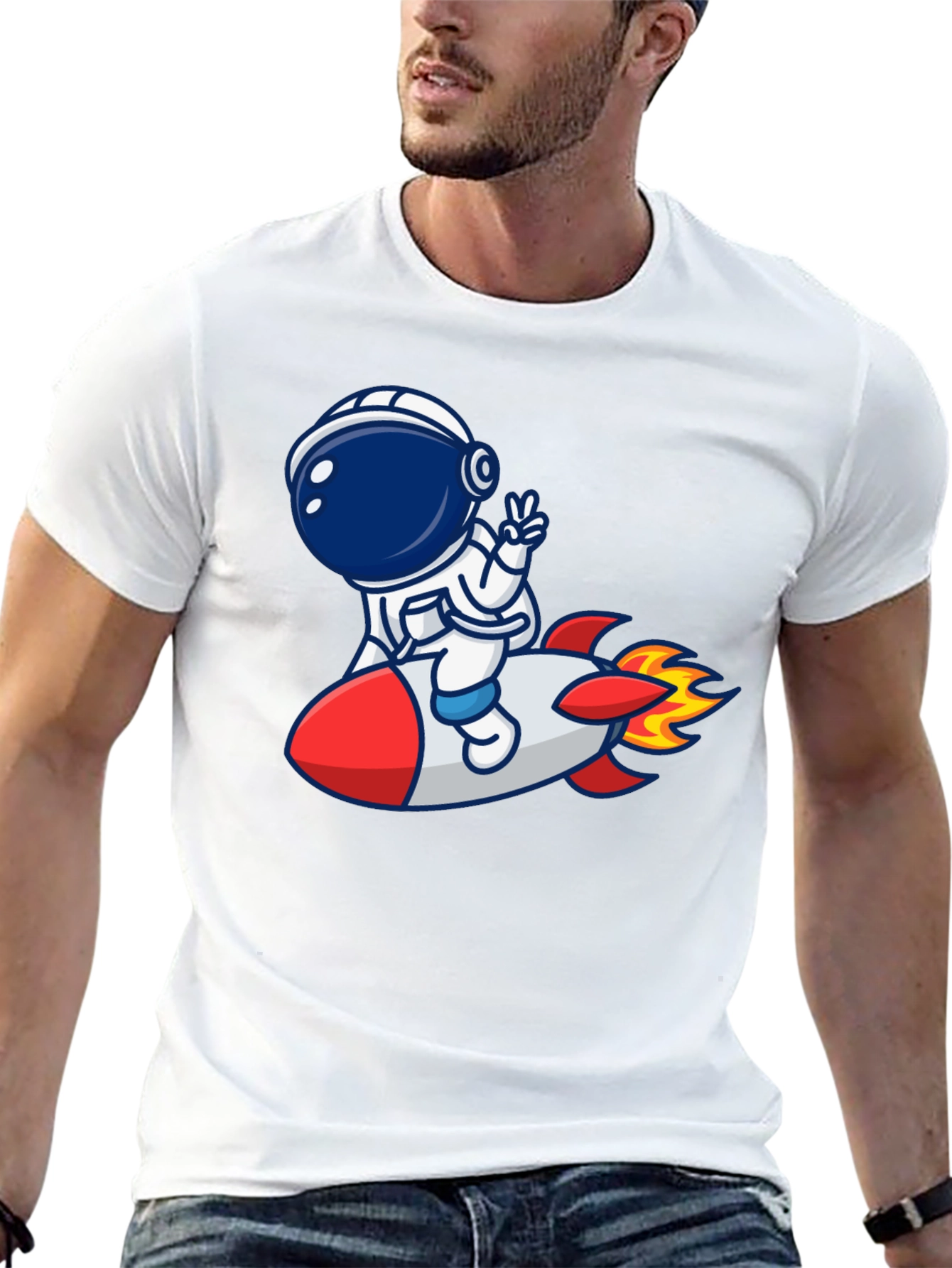Camiseta Negra con Diseño Astronauta en Cohete