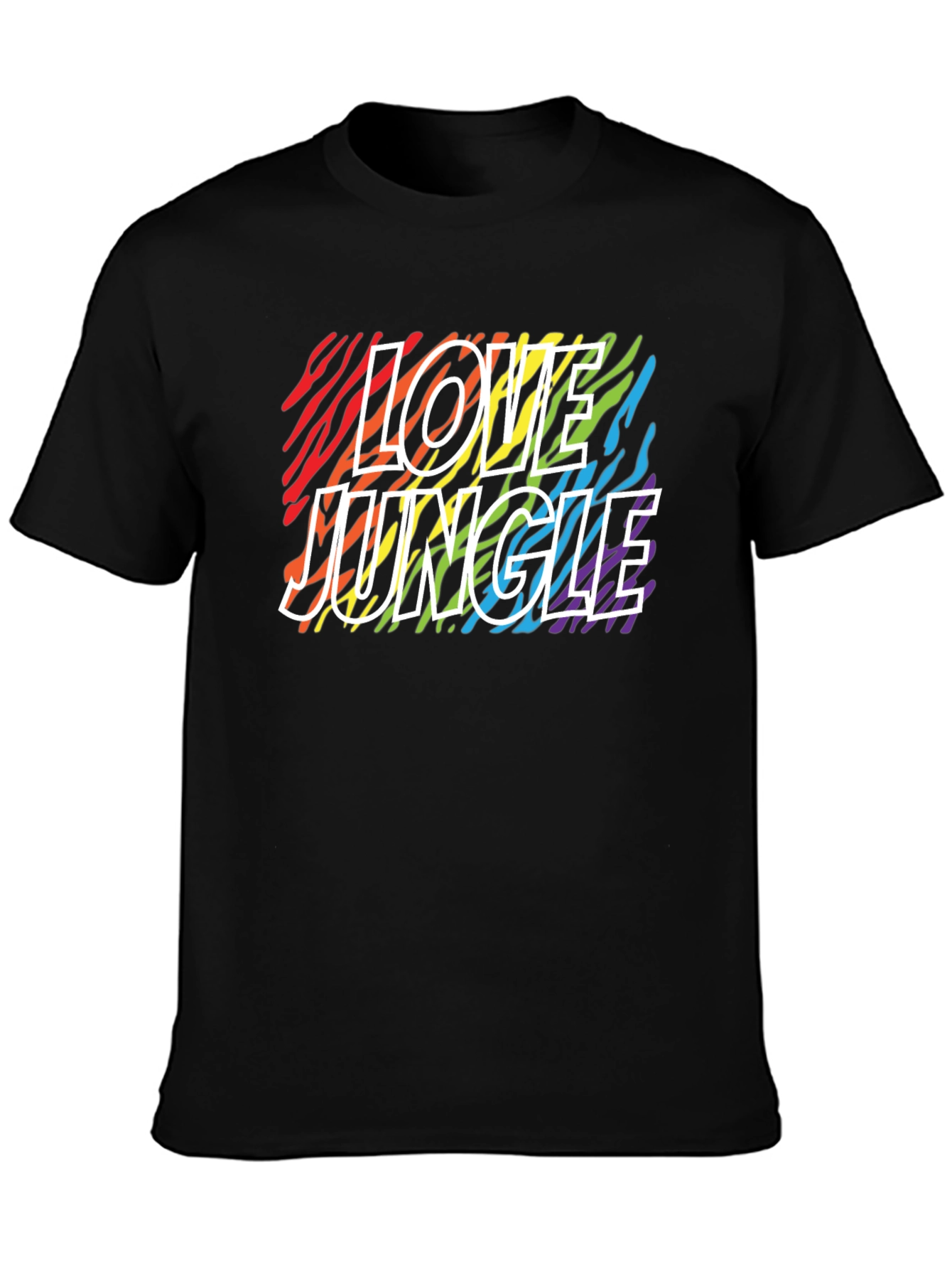 Camiseta Negra Love Jungle con Estampado de Cebra Arcoíris