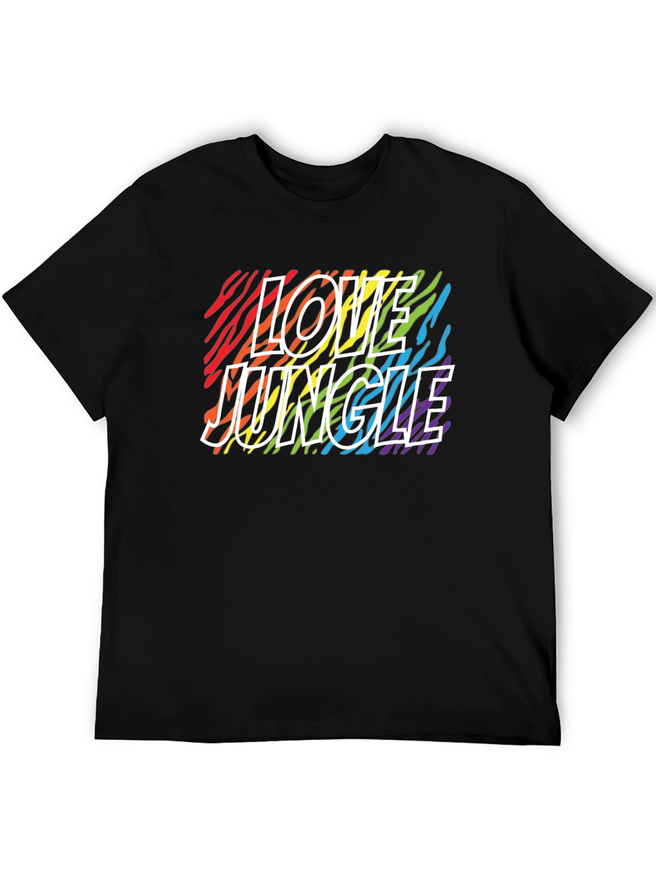 Camiseta Negra Love Jungle con Estampado de Cebra Arcoíris