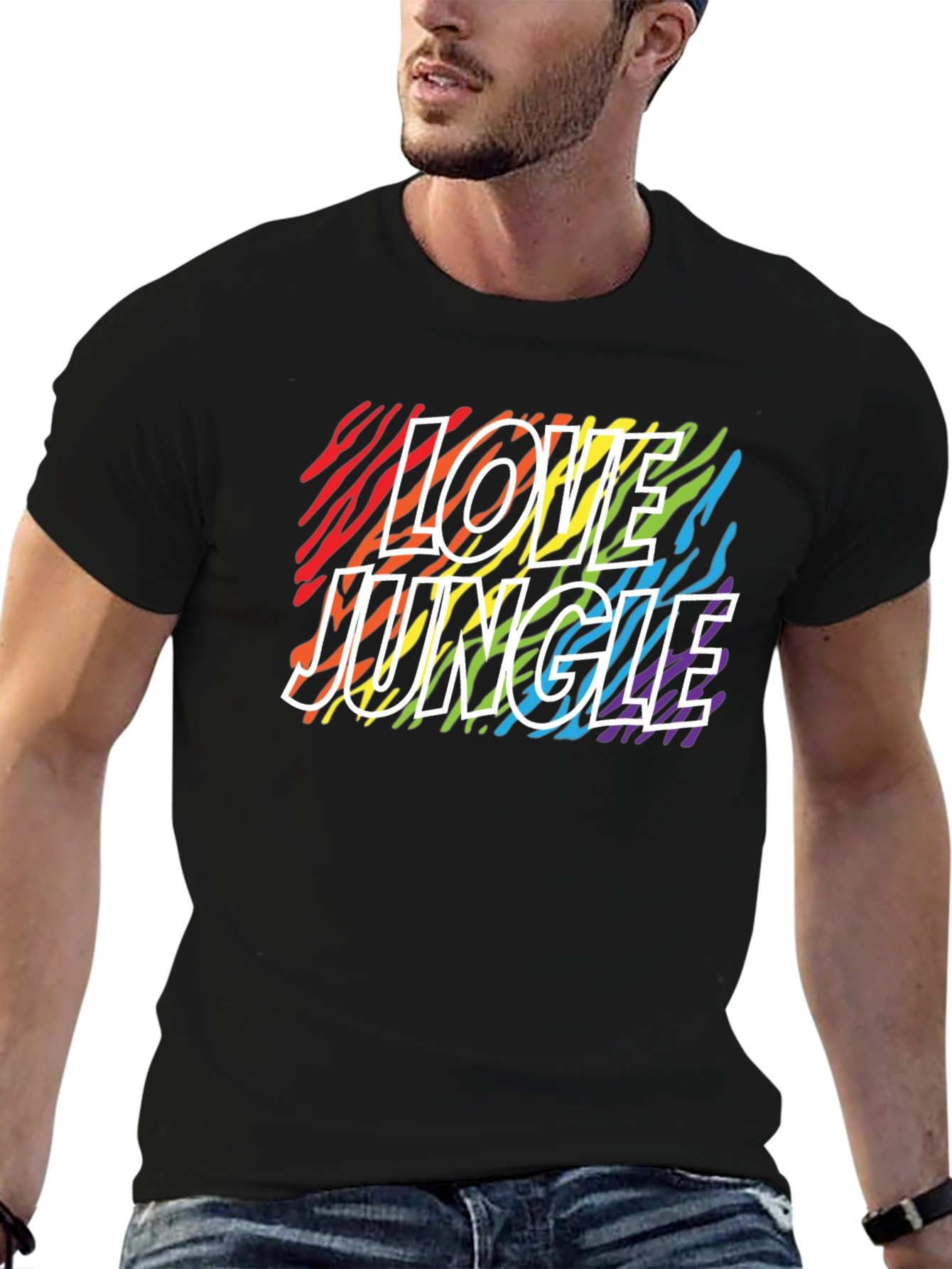 Camiseta Negra Love Jungle con Estampado de Cebra Arcoíris