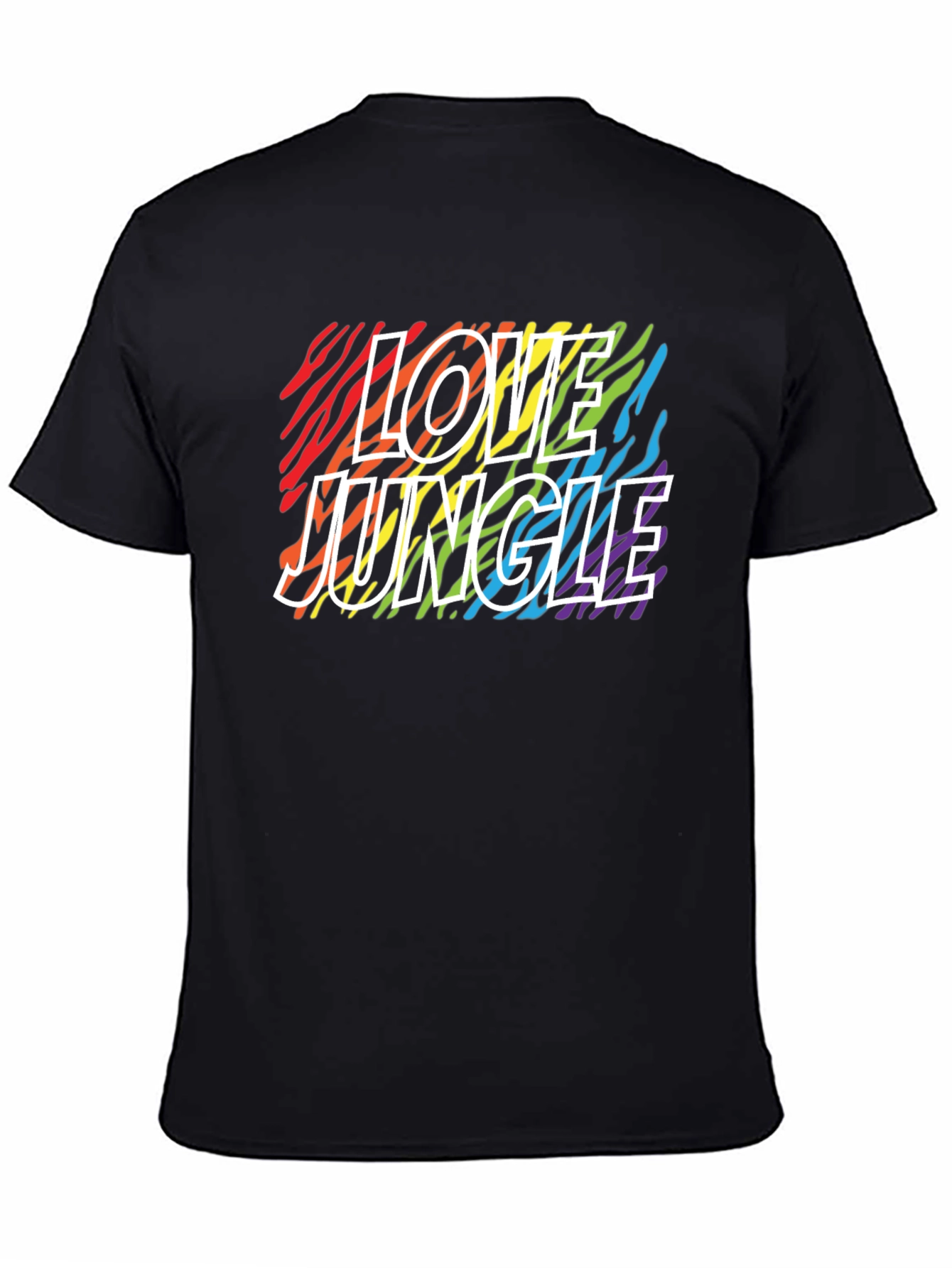 Camiseta Negra Love Jungle con Estampado de Cebra Arcoíris