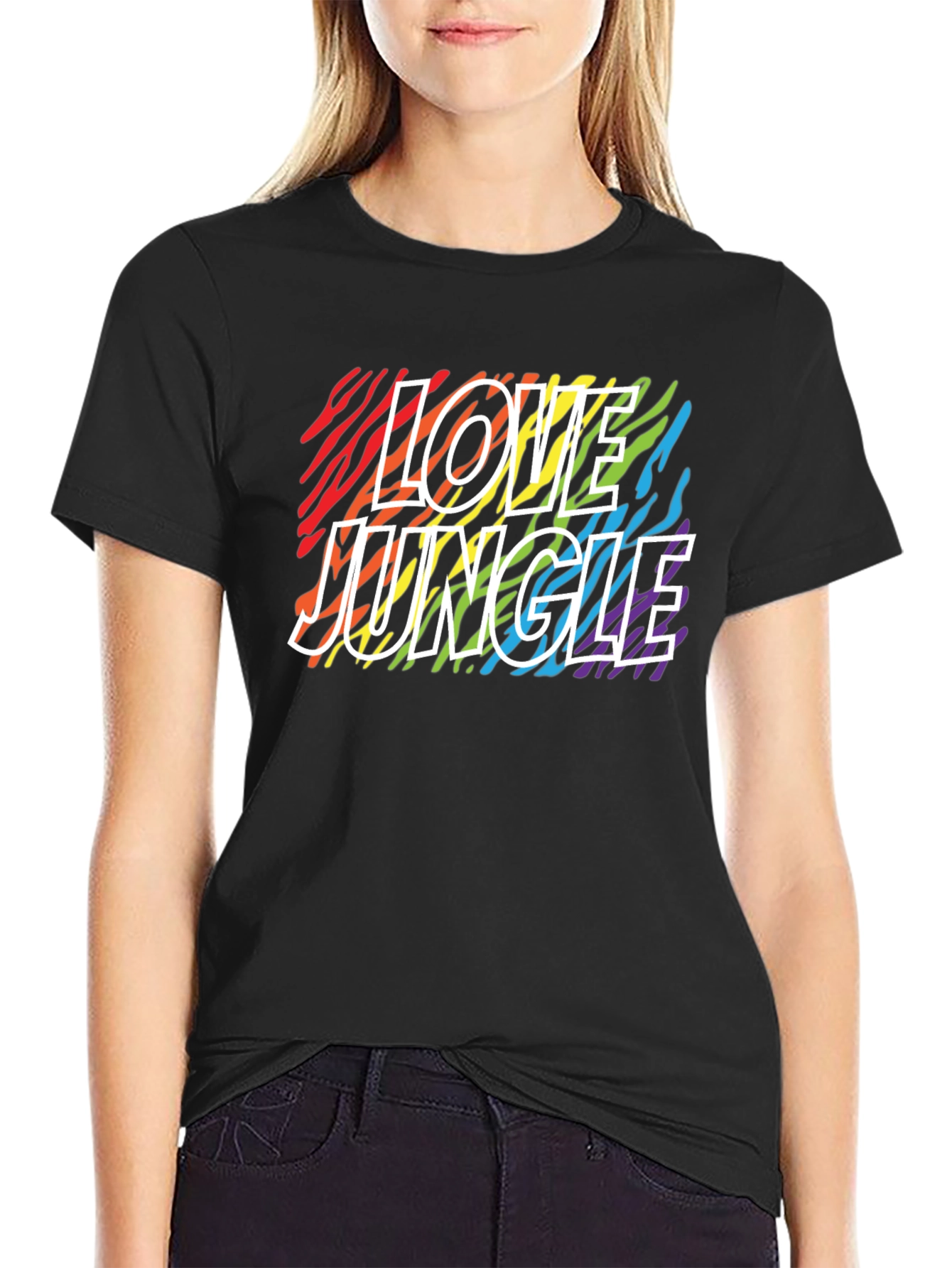 Camiseta Negra Love Jungle con Estampado de Cebra Arcoíris