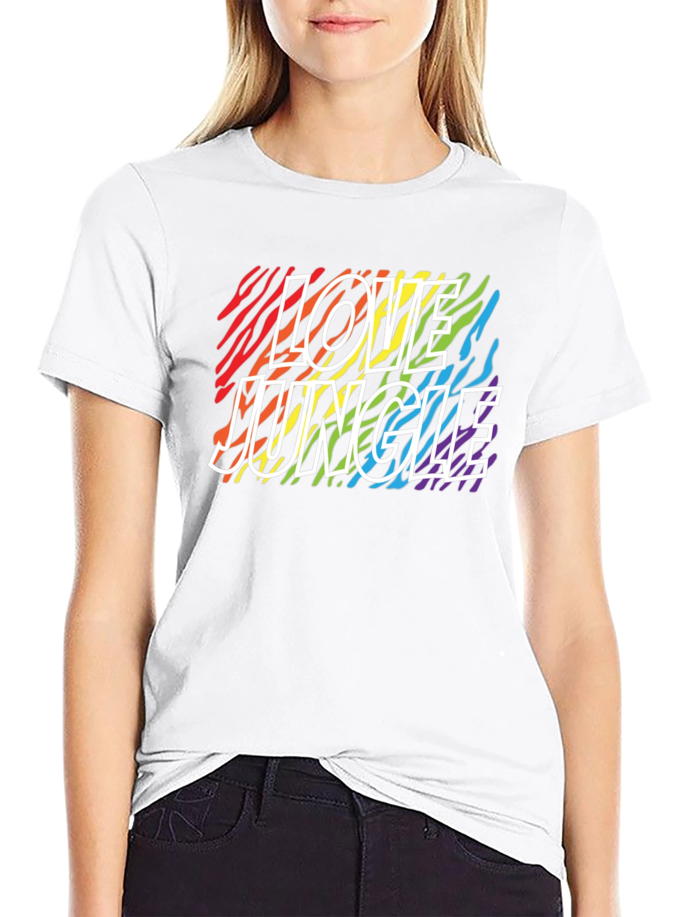 Camiseta Negra Love Jungle con Estampado de Cebra Arcoíris