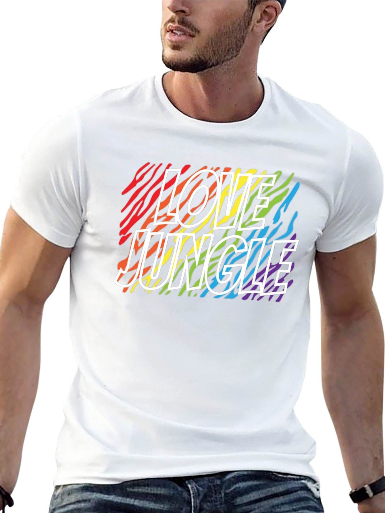 Camiseta Negra Love Jungle con Estampado de Cebra Arcoíris