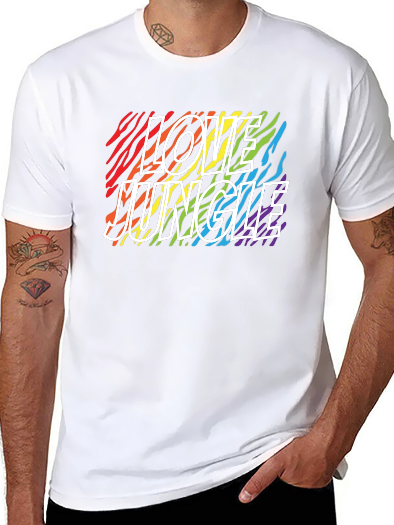 Camiseta Negra Love Jungle con Estampado de Cebra Arcoíris