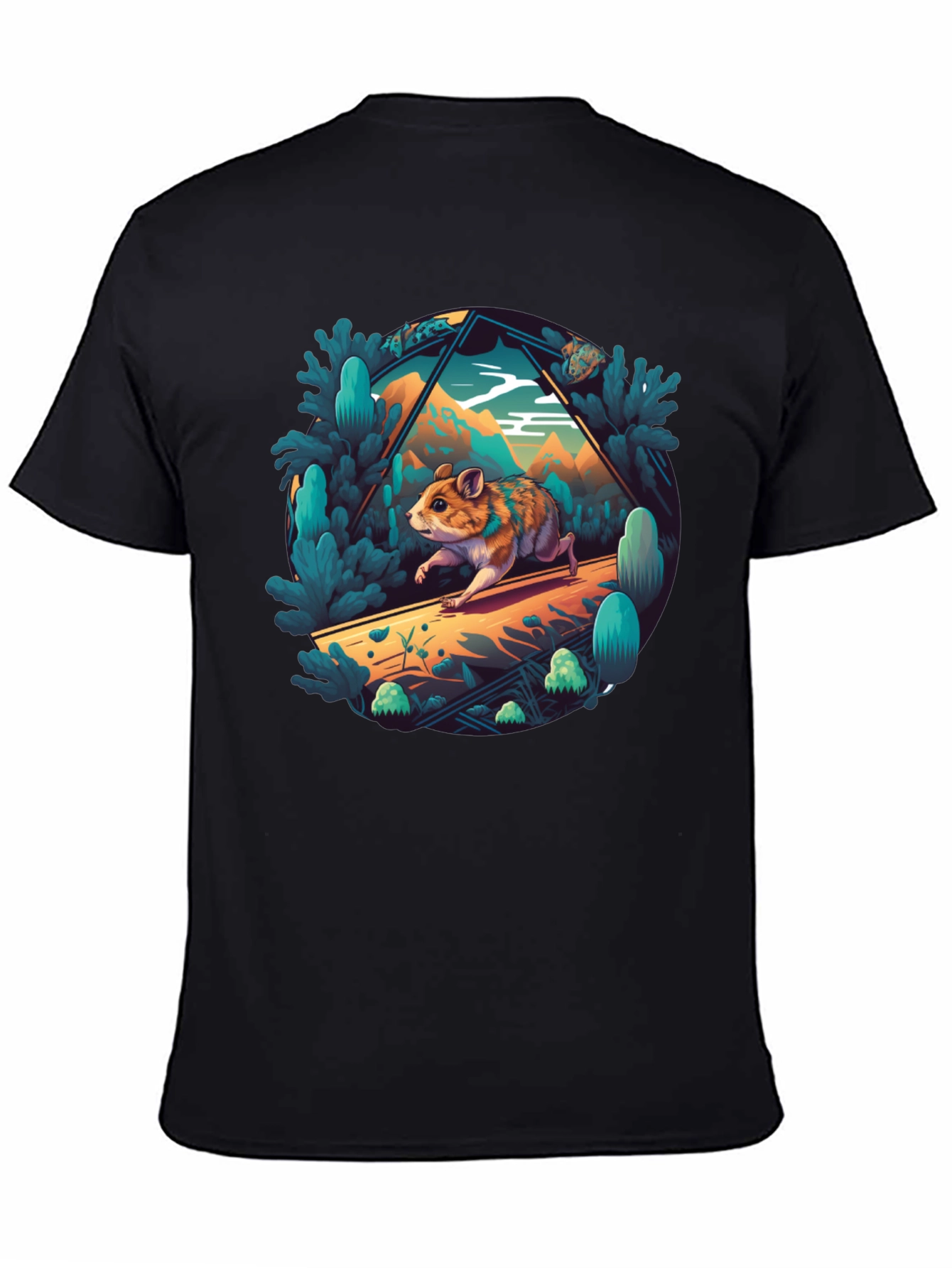 Camiseta Negra con Diseño de Hámster Aventurero
