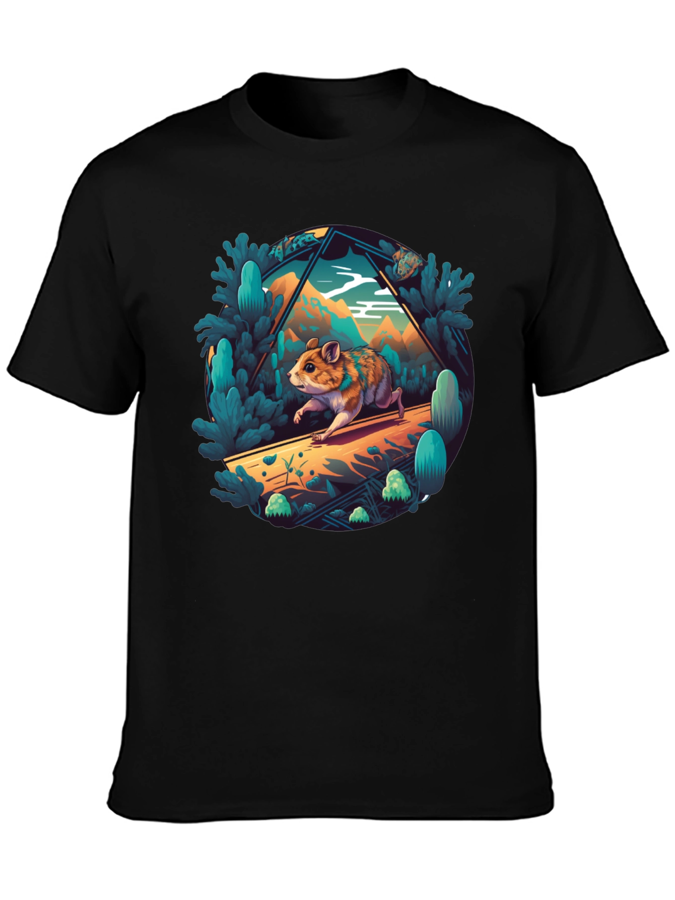 Camiseta Negra con Diseño de Hámster Aventurero