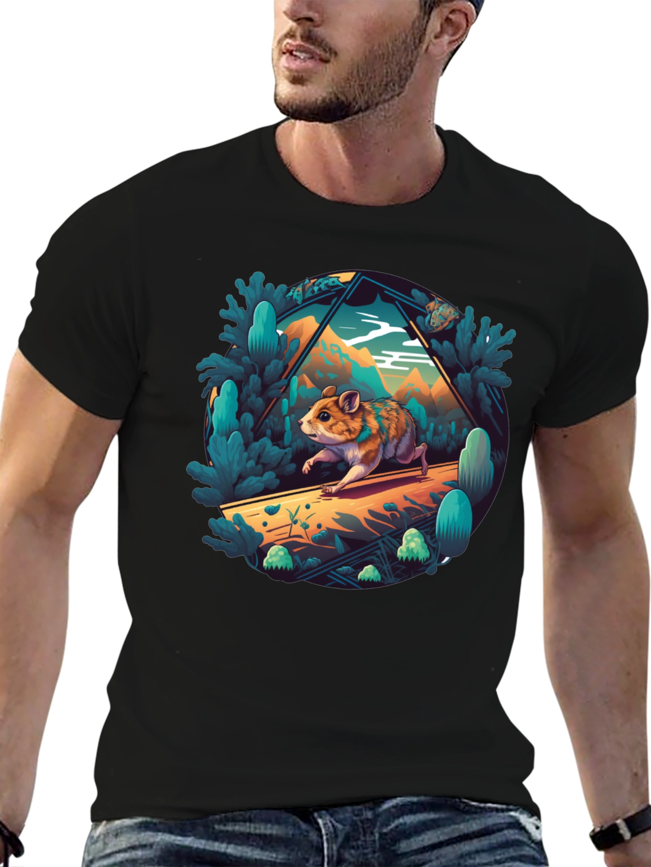 Camiseta Negra con Diseño de Hámster Aventurero