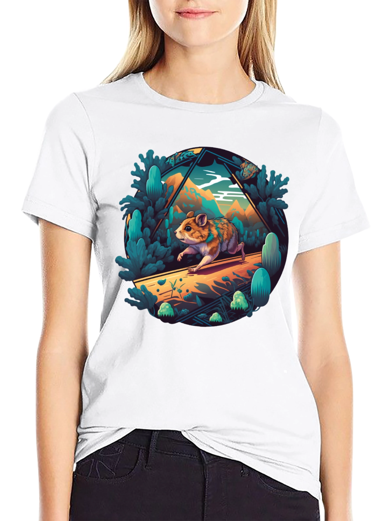 Camiseta Negra con Diseño de Hámster Aventurero