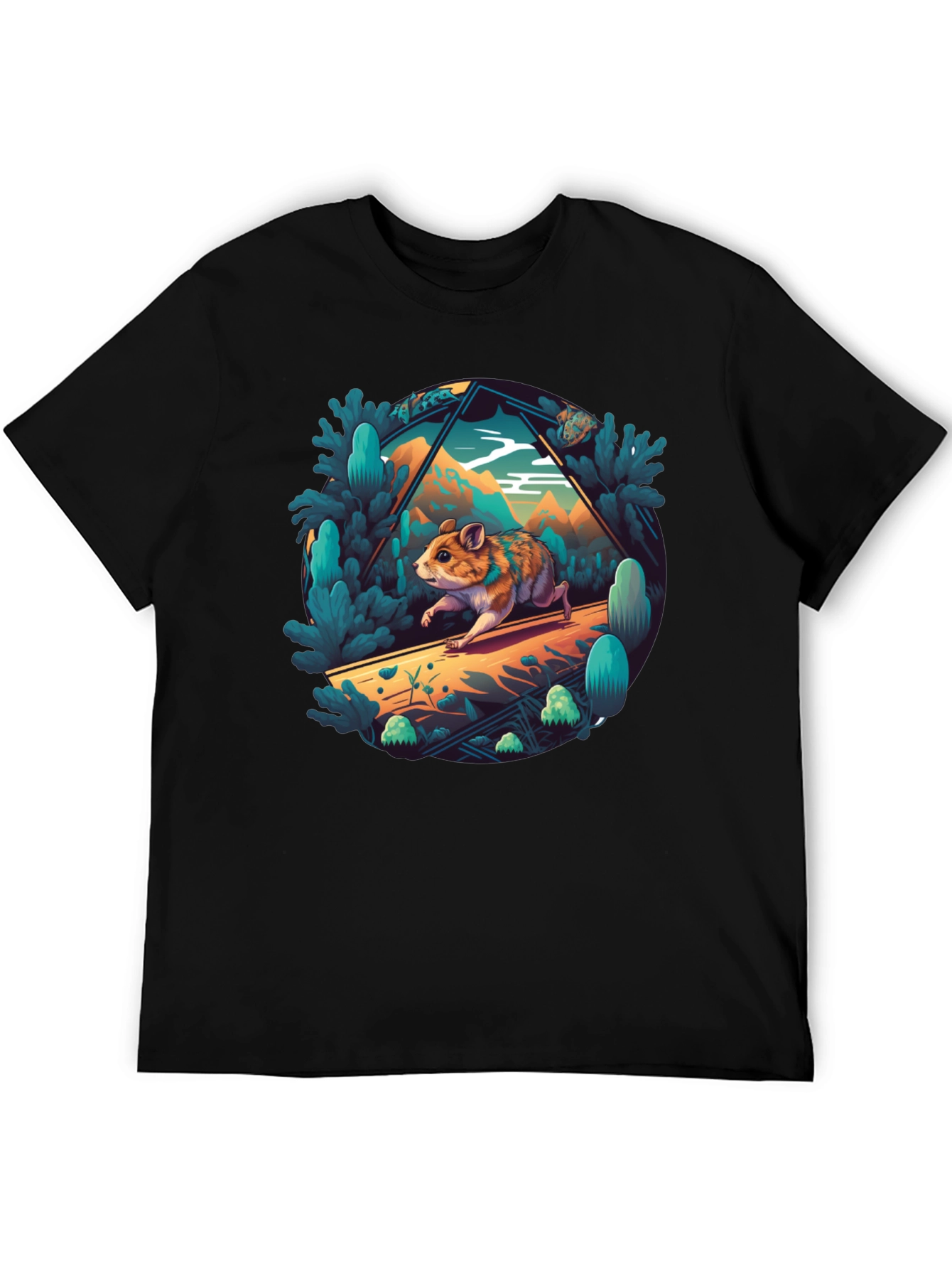 Camiseta Negra con Diseño de Hámster Aventurero