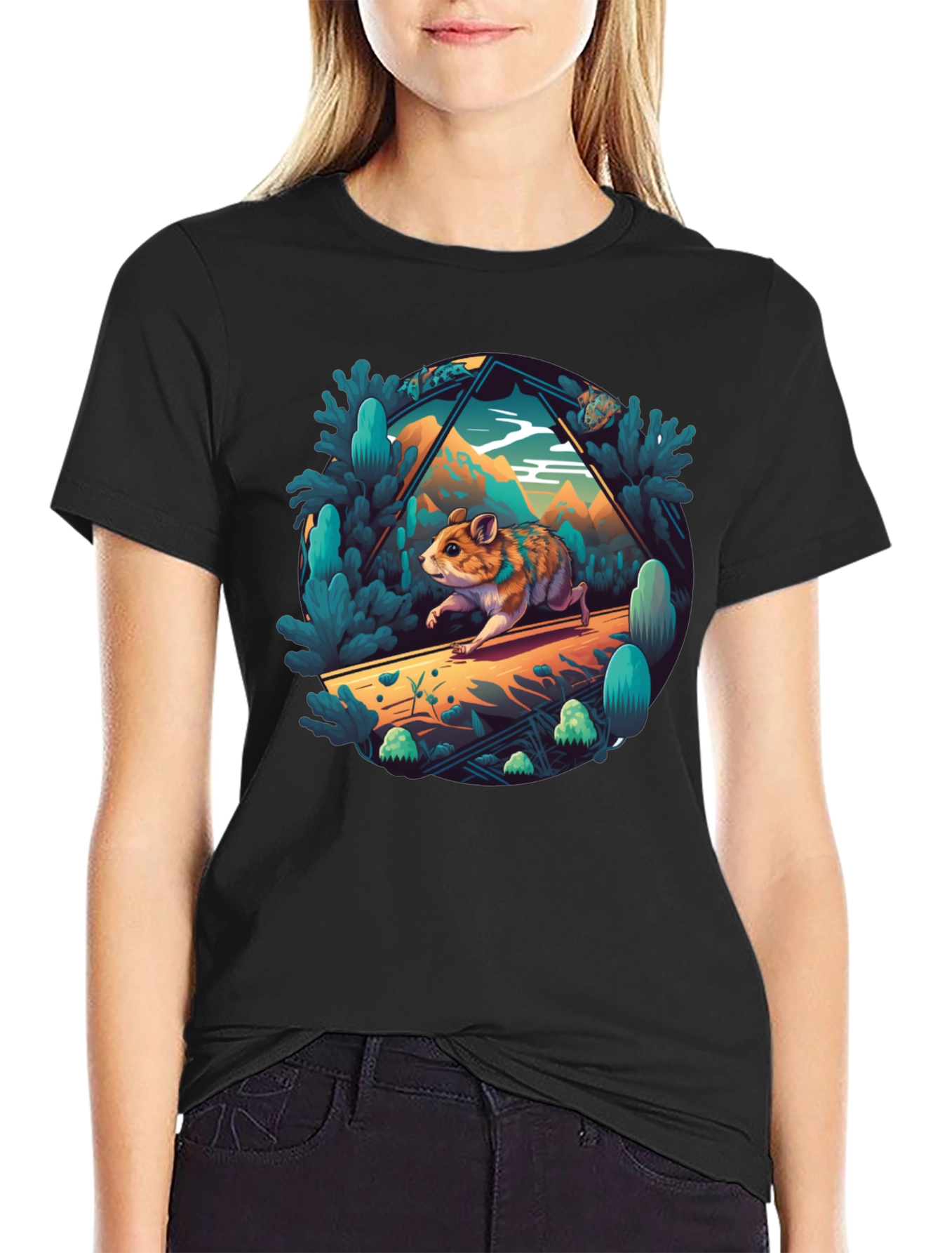 Camiseta Negra con Diseño de Hámster Aventurero
