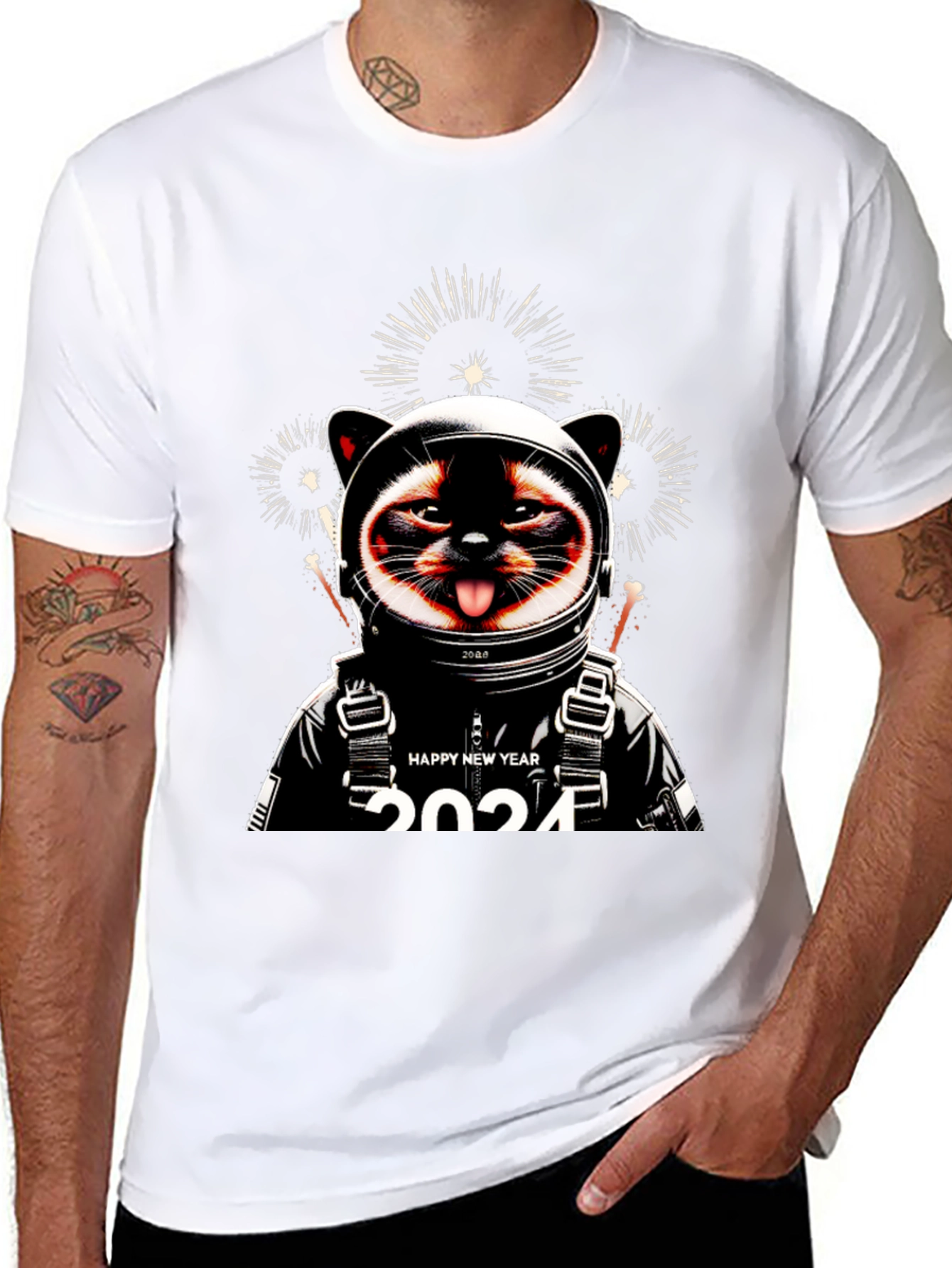 Camiseta Negra con Diseño de Gato Astronauta Año Nuevo