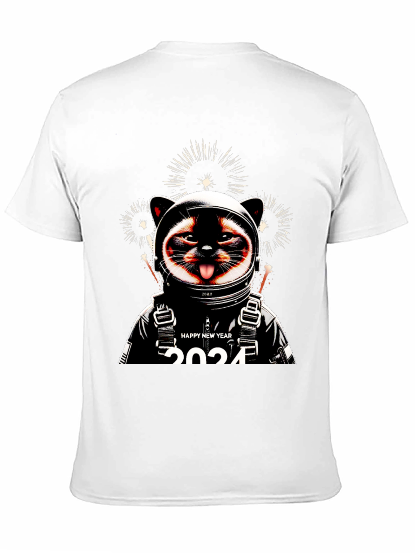 Camiseta Negra con Diseño de Gato Astronauta Año Nuevo