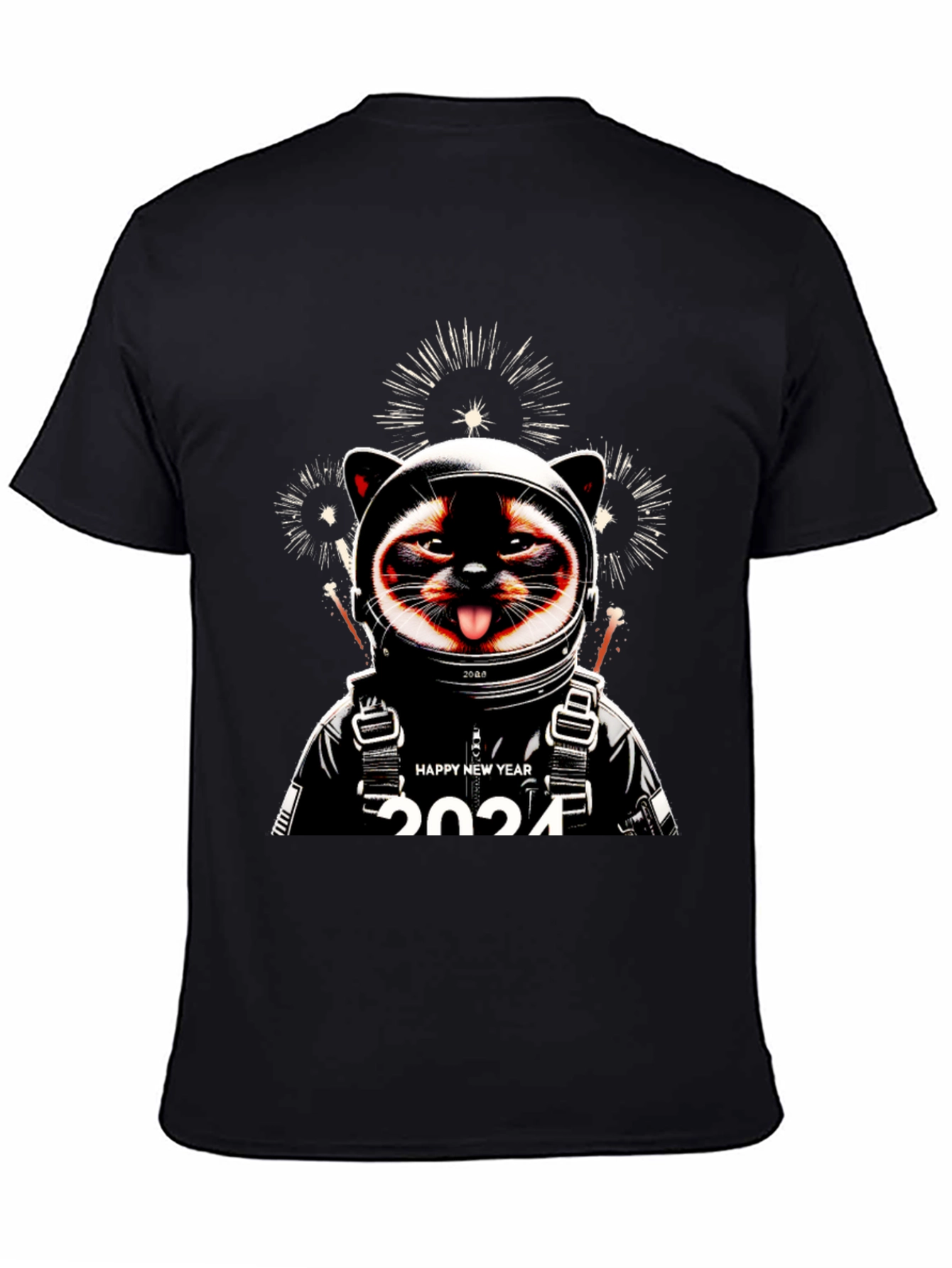 Camiseta Negra con Diseño de Gato Astronauta Año Nuevo