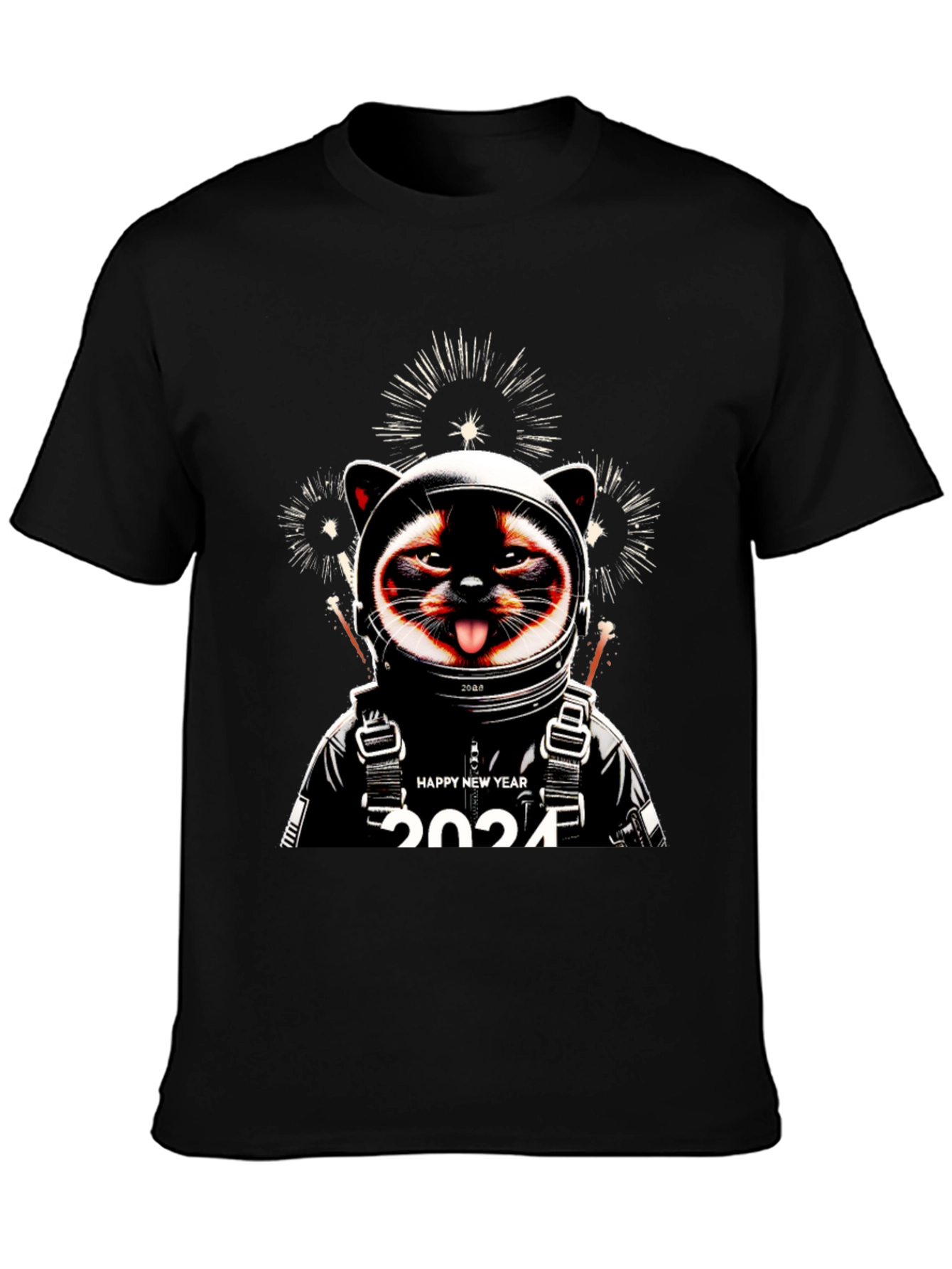 Camiseta Negra con Diseño de Gato Astronauta Año Nuevo