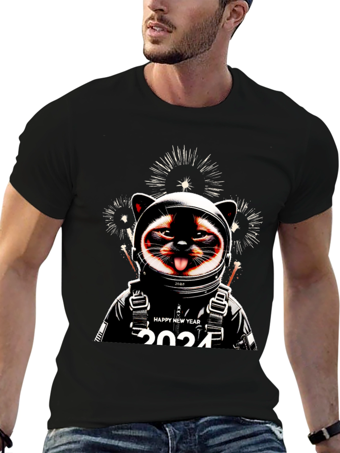 Camiseta Negra con Diseño de Gato Astronauta Año Nuevo