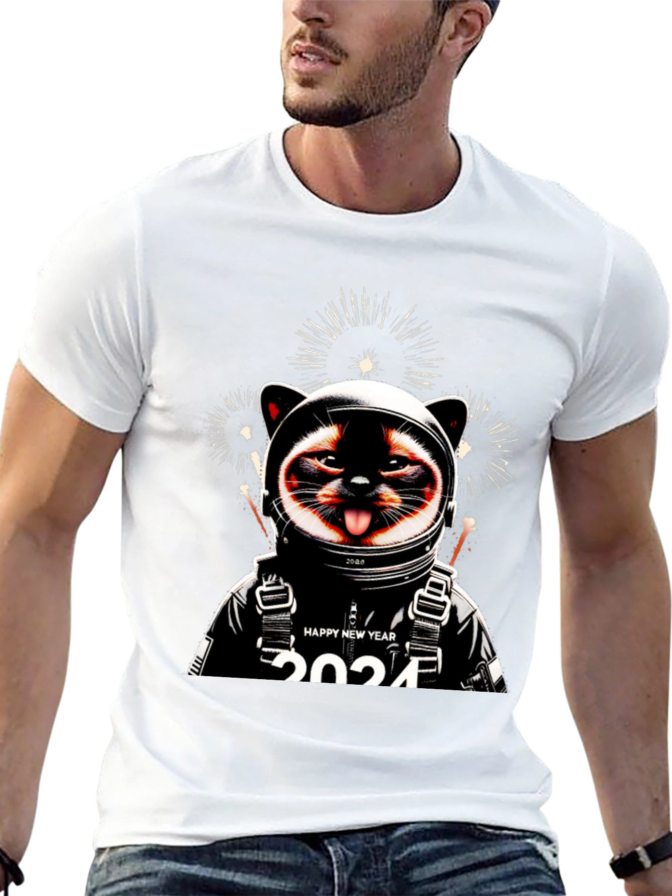 Camiseta Negra con Diseño de Gato Astronauta Año Nuevo