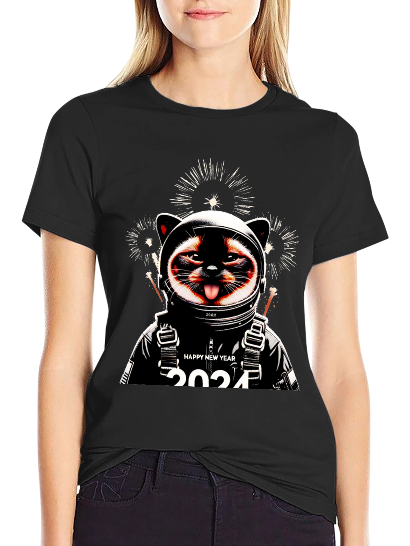 Camiseta Negra con Diseño de Gato Astronauta Año Nuevo