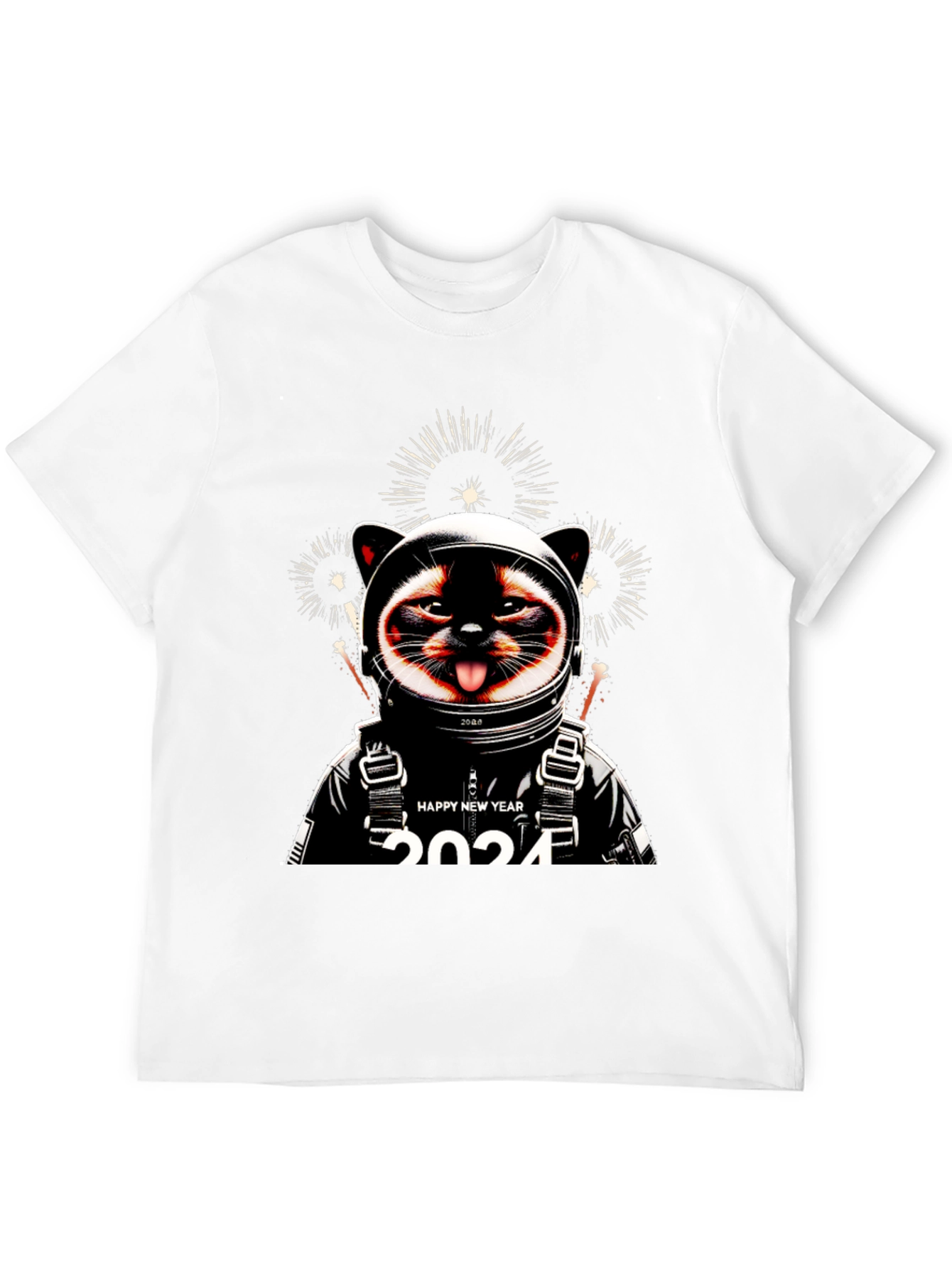 Camiseta Negra con Diseño de Gato Astronauta Año Nuevo