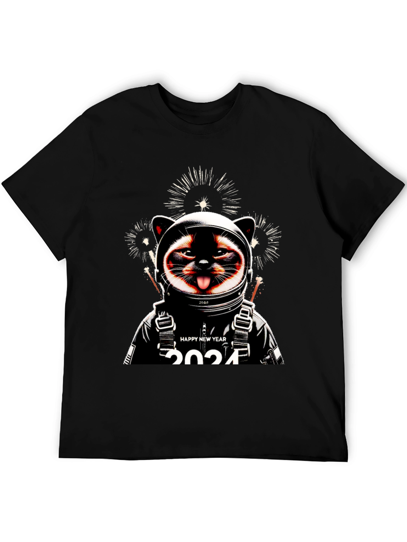 Camiseta Negra con Diseño de Gato Astronauta Año Nuevo