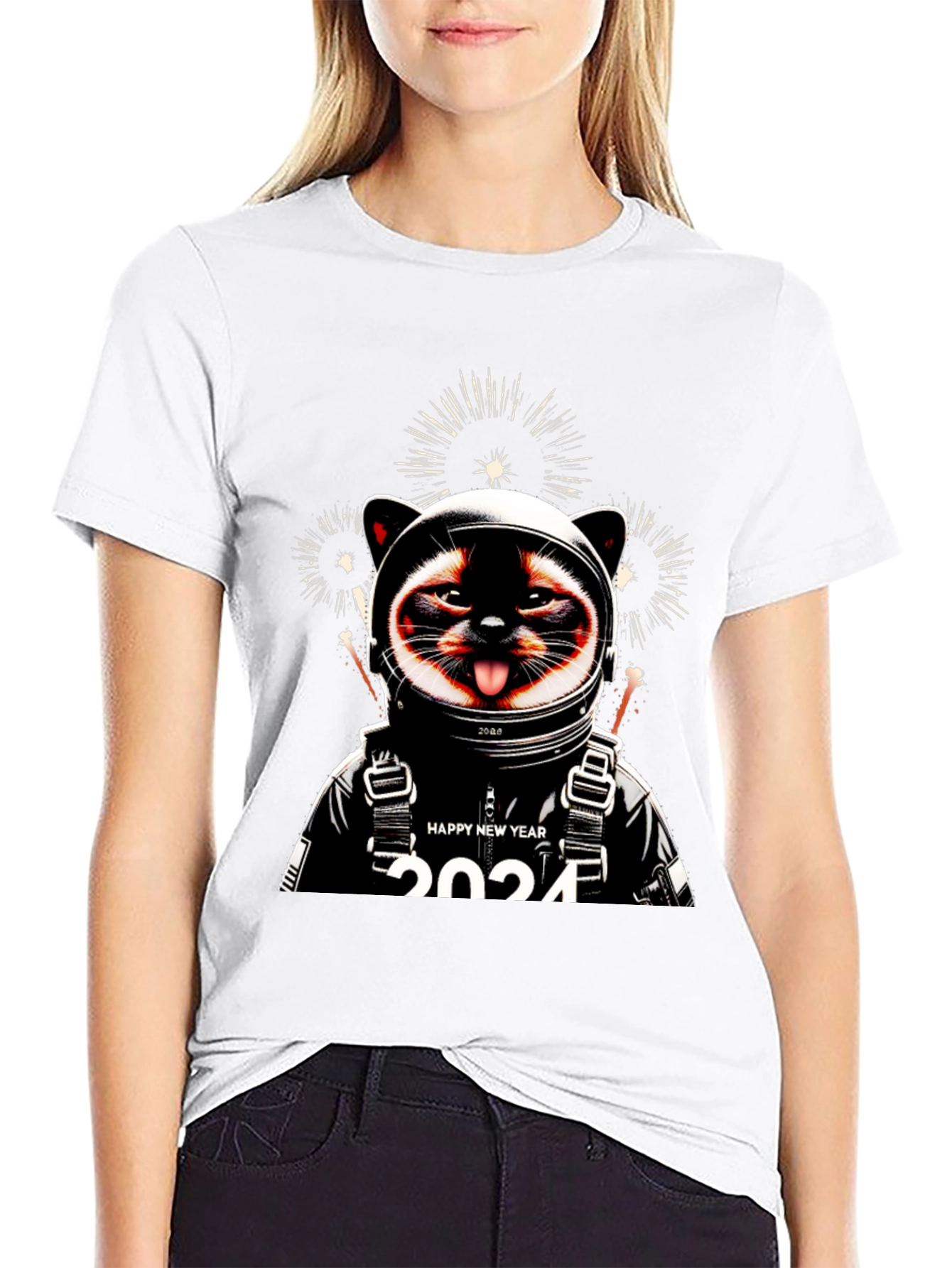 Camiseta Negra con Diseño de Gato Astronauta Año Nuevo