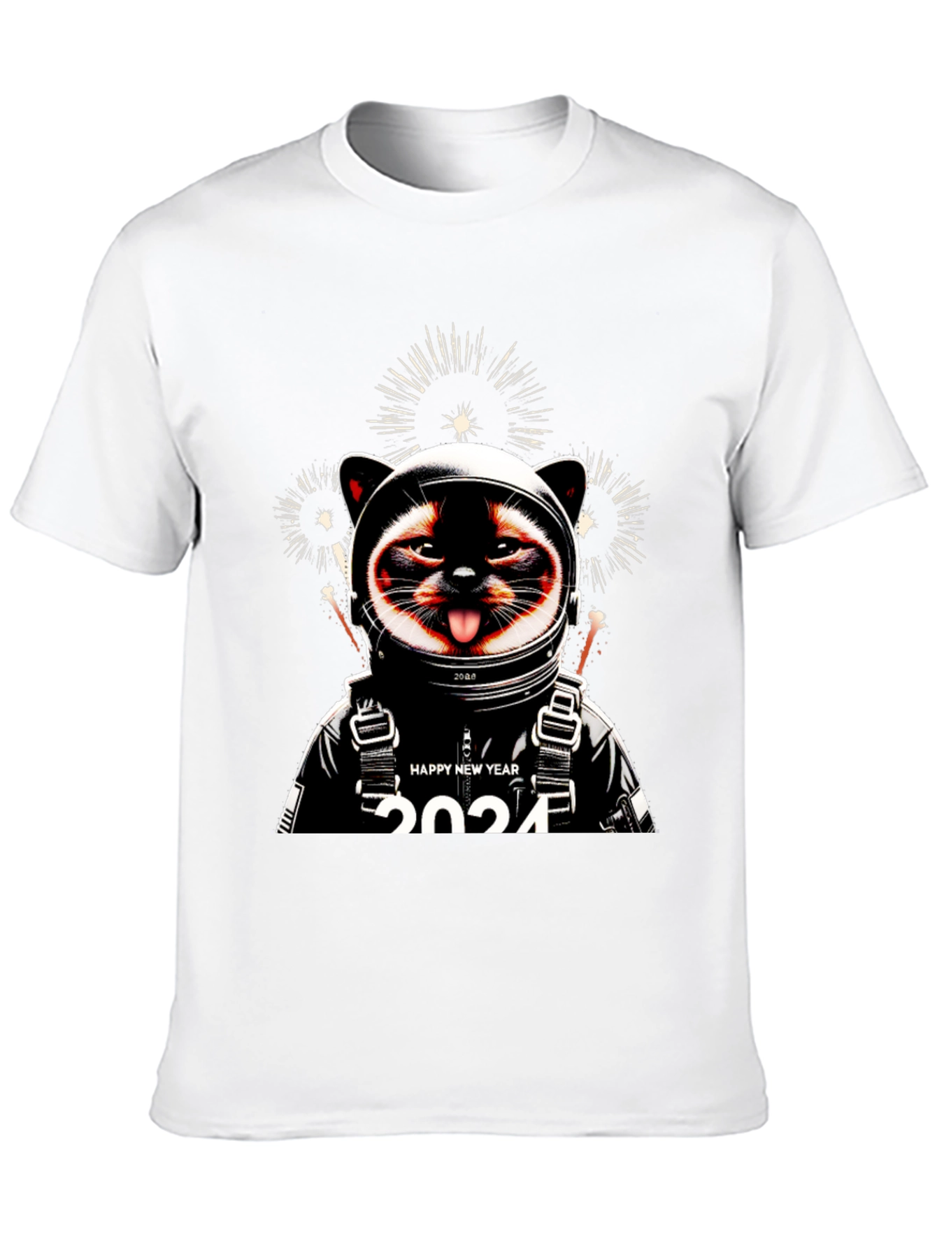 Camiseta Negra con Diseño de Gato Astronauta Año Nuevo